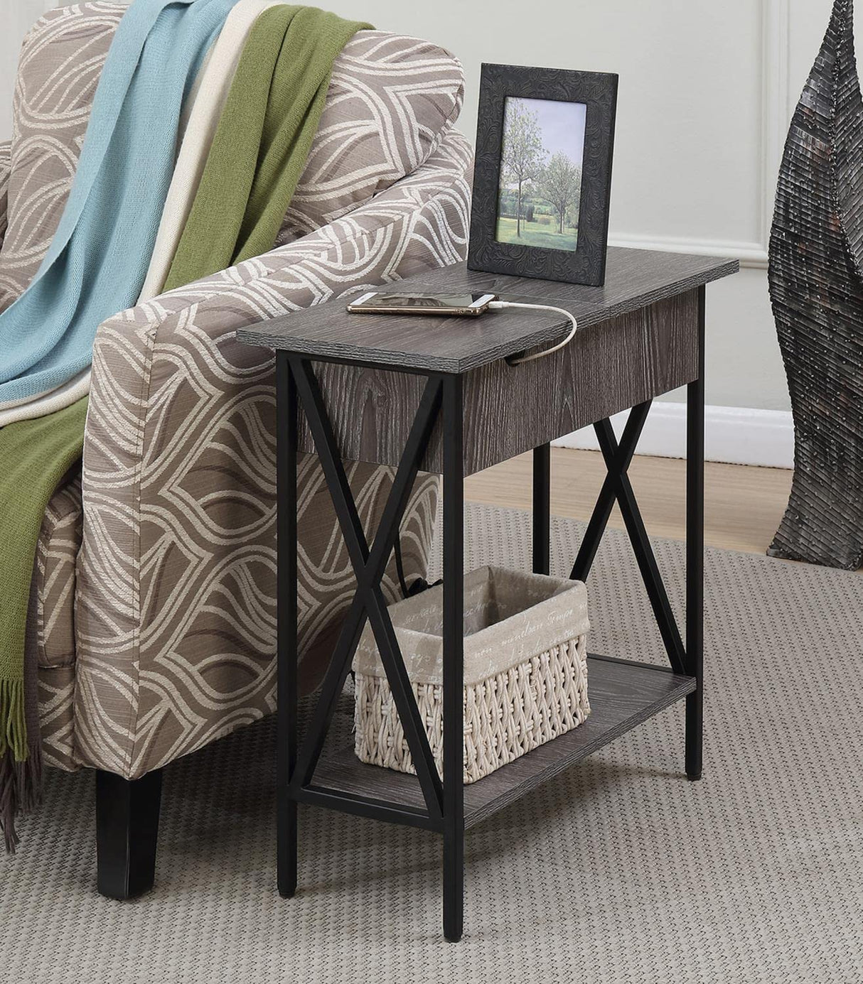 Convenience Concepts Tucson Flip Top End Table with Charging Station and Shelf, Weathered Gray Convenience Concepts