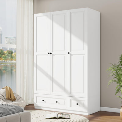 LABROSKIA White 3 Door Wardrobe Closet: Bedroom Armoire Wardrobe Closet with 3 Drawers, Wooden Wardrobe Closet for Hanging Clothes, Wood Cabinet for Clothes and Shelves(White, 47")