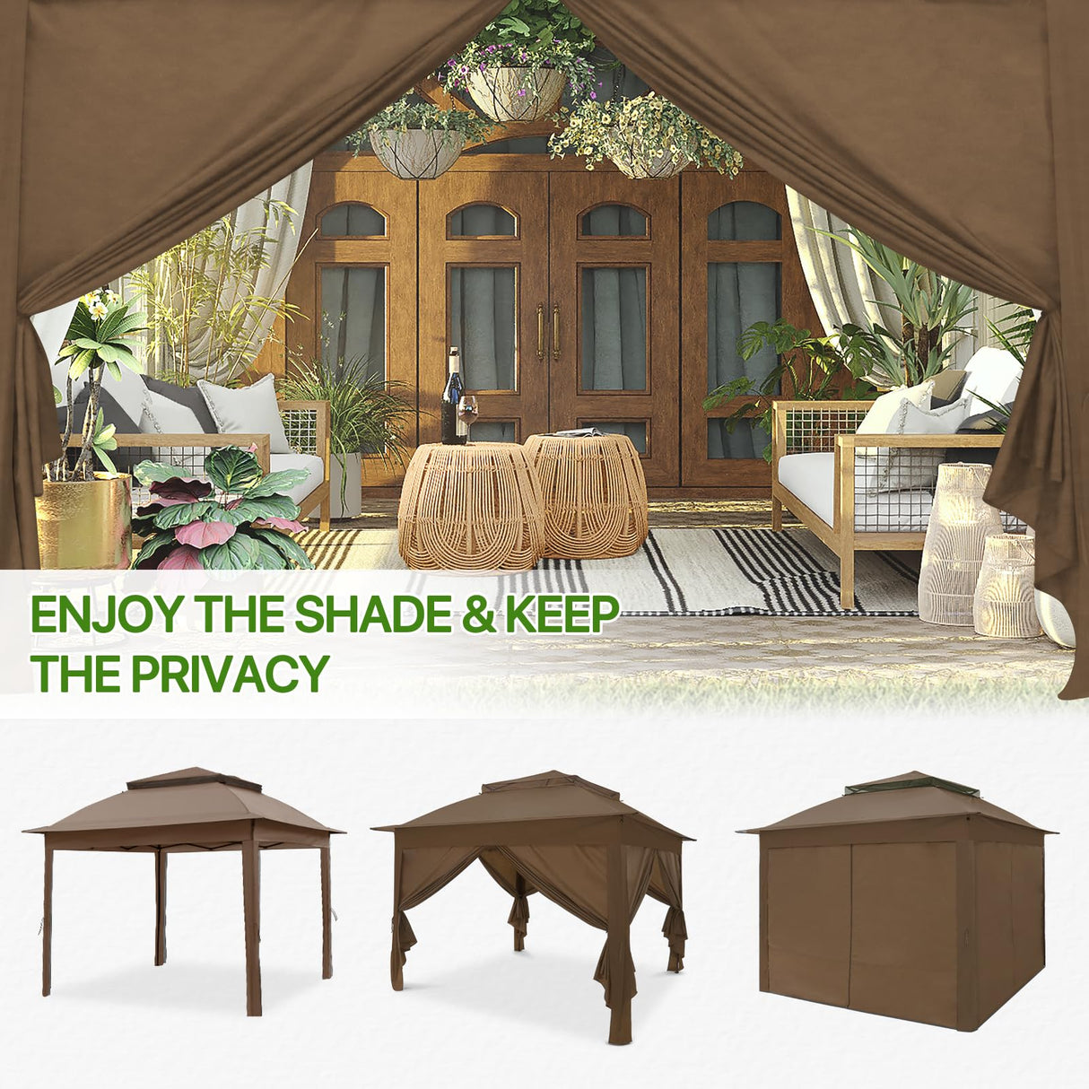 COOS BAY 11x11 Pop-up Instant Gazebo Tent with 4 Sidewalls Outdoor Canopy Shelter with Carry Bag, Stakes and Ropes, Brown COOS BAY