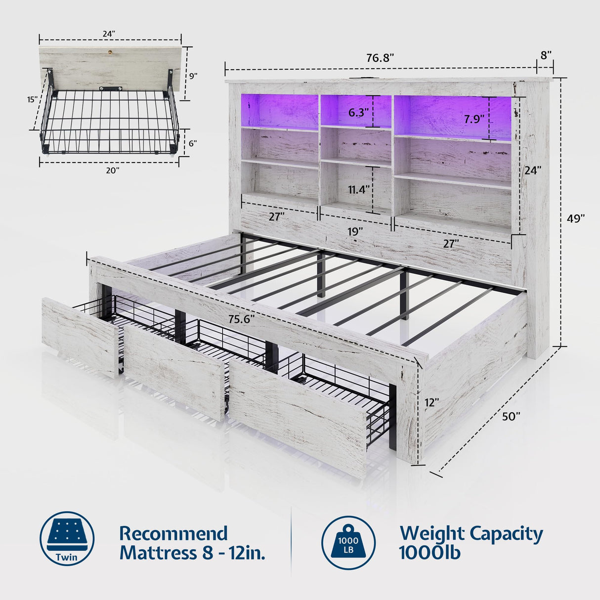Jocisland Twin Daybed with Bookcase Headboard, USB-C Charging, RGB Lights & 3 Drawers, No Box Spring Needed, Farmhouse Wood Bed Frame for Teens, Dorms, Guest Room, Distressed White Jocisland
