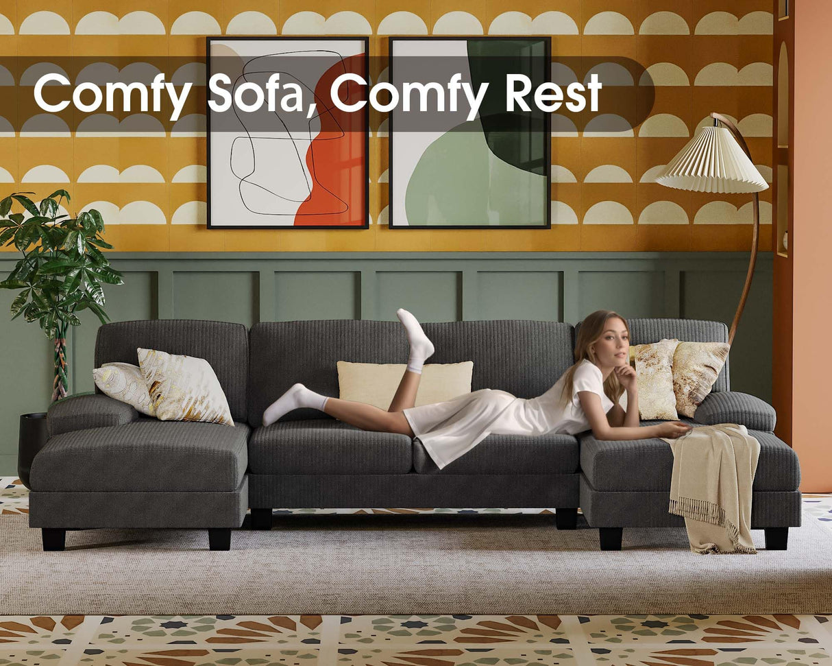 Furmax Sectional Couches for Living Room, U-Shaped Sofa Couch with Linen Fabric, 4 Seat Sofa Set with Double Chaise for Apartment (Corduroy, Dark Grey) Furmax