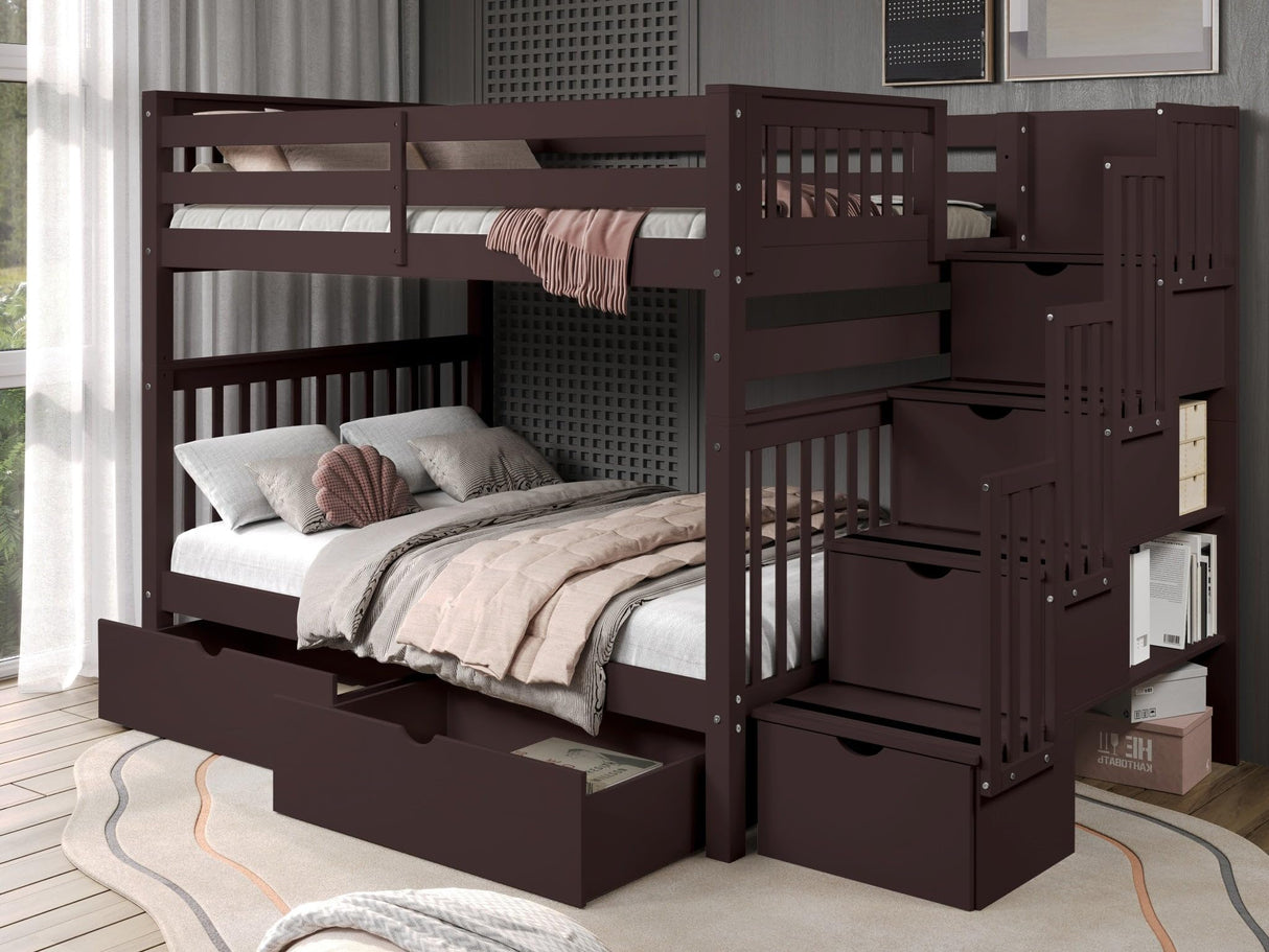 Bedz King Stairway Bunk Beds Full Over Full with 4 Drawers in The Steps and 2 Under Bed Drawers, Dark Cherry Bedz King