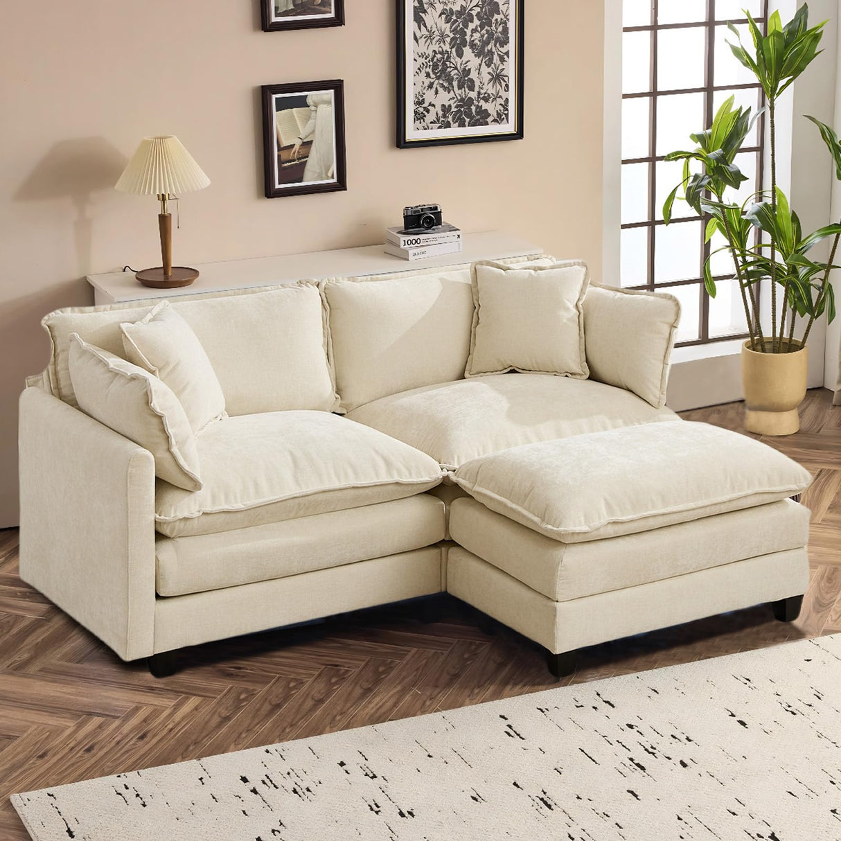 SoarFlash 71.6" Chenille Sectional Sofa, Comfy L Shaped Modular Coush Sofa with Ottoman, Modern 2 Seat Couch Deep Seat Sofa Set for Living Room,Beige SoarFlash