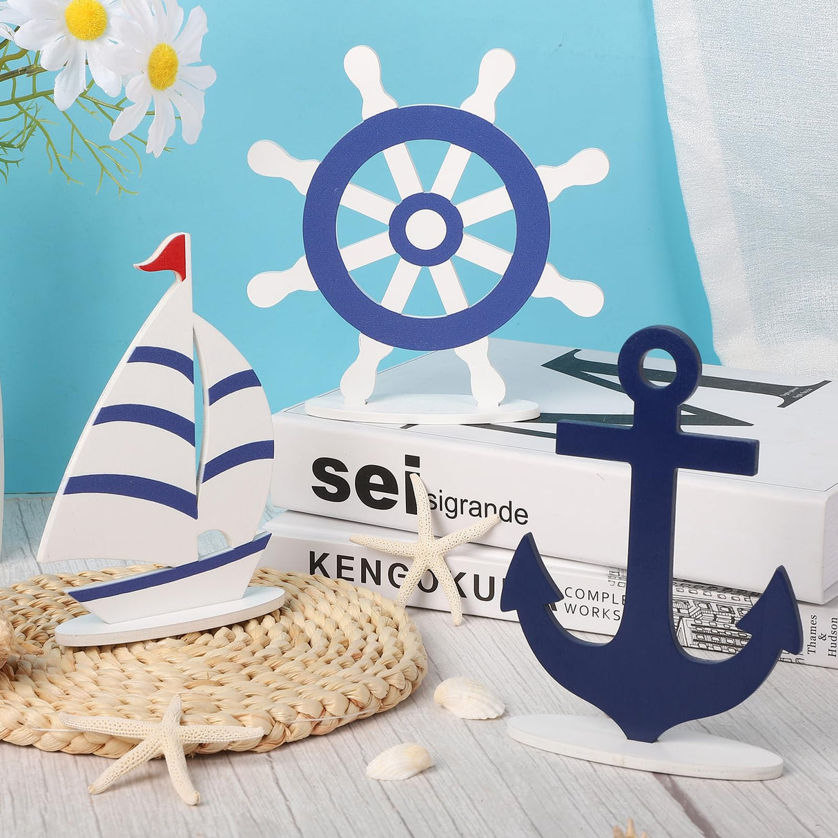 COCHIE Wooden Summer Nautical Decor Set of 3, Double-Sided Anchor Sailboat Tiered Tray Decorations, Wood Cruise Ship Wheel Sign for Tabletop, Home, Desk, Shelf, Party Decoration COCHIE