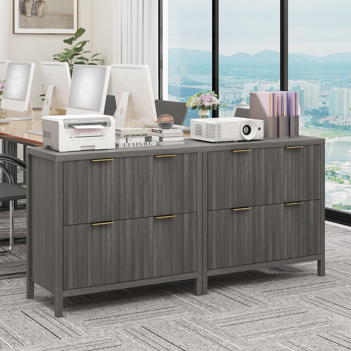 2 Drawer File Cabinet, Printer Stand Lateral Filing Cabinets for Hanging Letter/A4/Legal Size Files Fluted Wood Storage Cabinet for Home Office and School Halitaa