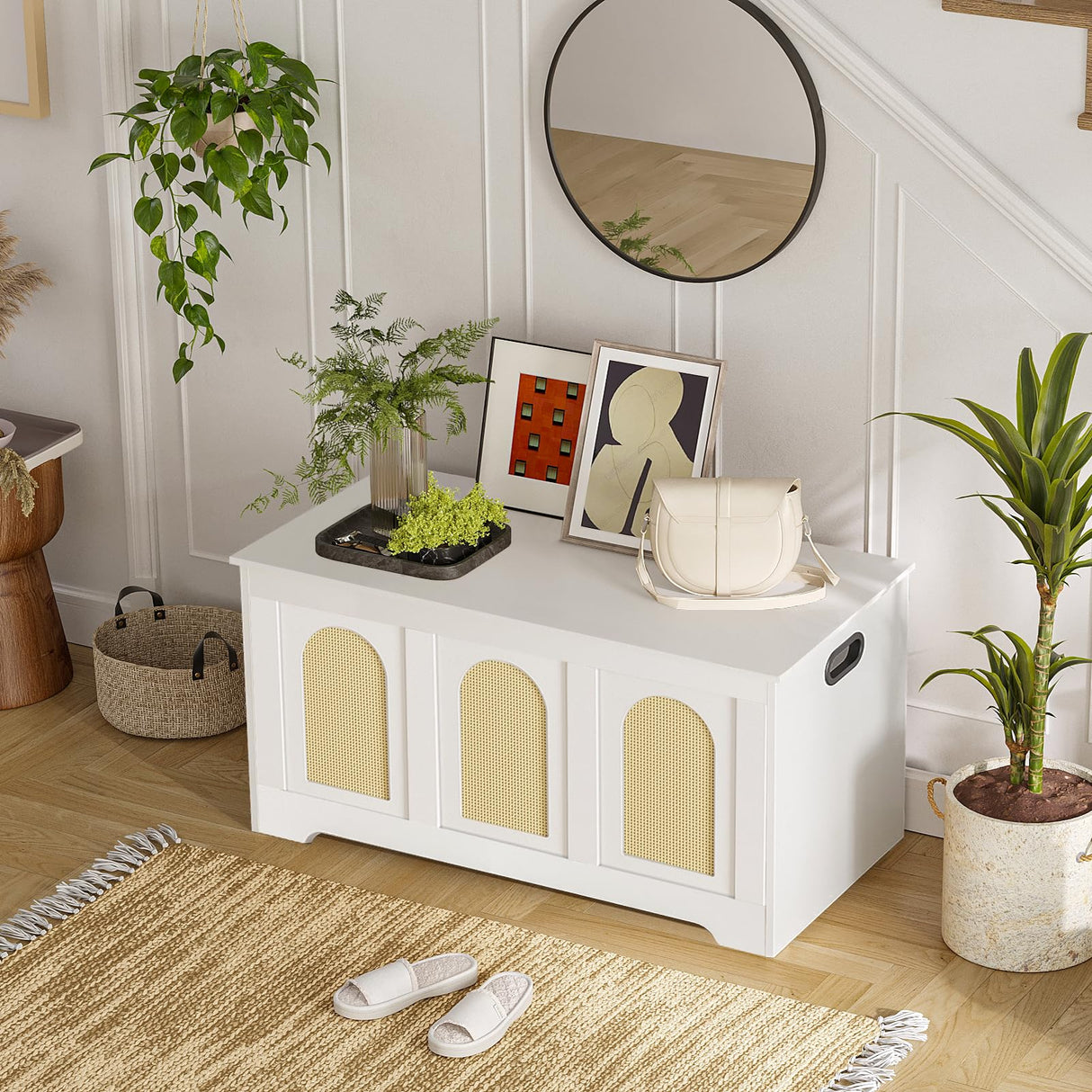 DINZI LVJ Storage Chest, 39.4" Rattan-Like Storage Box with 2 Safety Hinges, Wooden Entryway Shoe Bench with Flip-Top, Trunk for Living Room, Bedroom, Easy Assembly, White and Natural DINZI LVJ