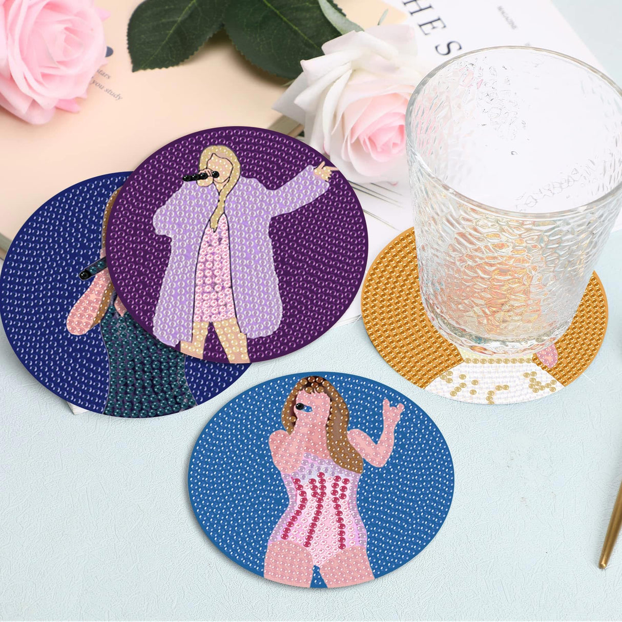 Clendo Pop Star Diamond Painting Coasters Kits for Adults, 8PCS Pop Diamond Art Coaster Kits with Holder, Small Diamond Painting Kits for Adults & Kids Art Craft Supplies, Bdwy041 Clendo