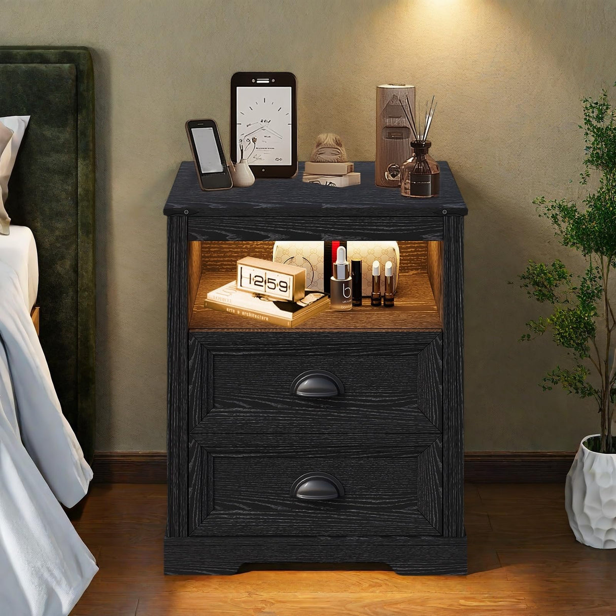 FONTOI Farmhouse Nightstand with Charging Station, End Table with Drawers, Bedside Table with 3 LED Lights Modes, Wood Nightstand with Smart Human Sensor for Bedroom, Black, Set of 2 FONTOI