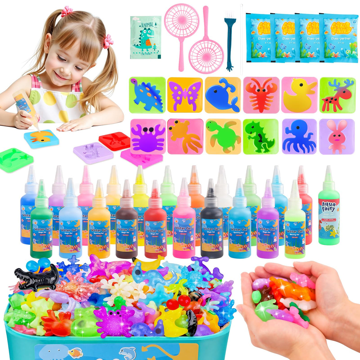 Linzuza Fairy Aqua Water Gel Kit - 20 Color Summer Magic Fairy Kit DIY 3D Squishy Animal Elf with 12 Molds&Storage Boxes Set - Craft Sensory Toy for Kids Ages 6-12 Linzuza