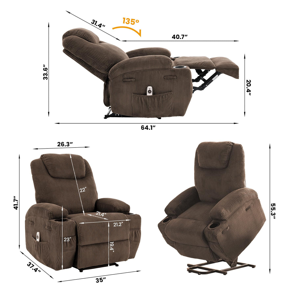Electric Power Lift Recliner Chair for Elderly, Power Lift Reclining Sofa Chairs for Adults,Living Room Chair with Massage & Heat,Side Pockets and 2 Cup Holders,Brown GarveeHome