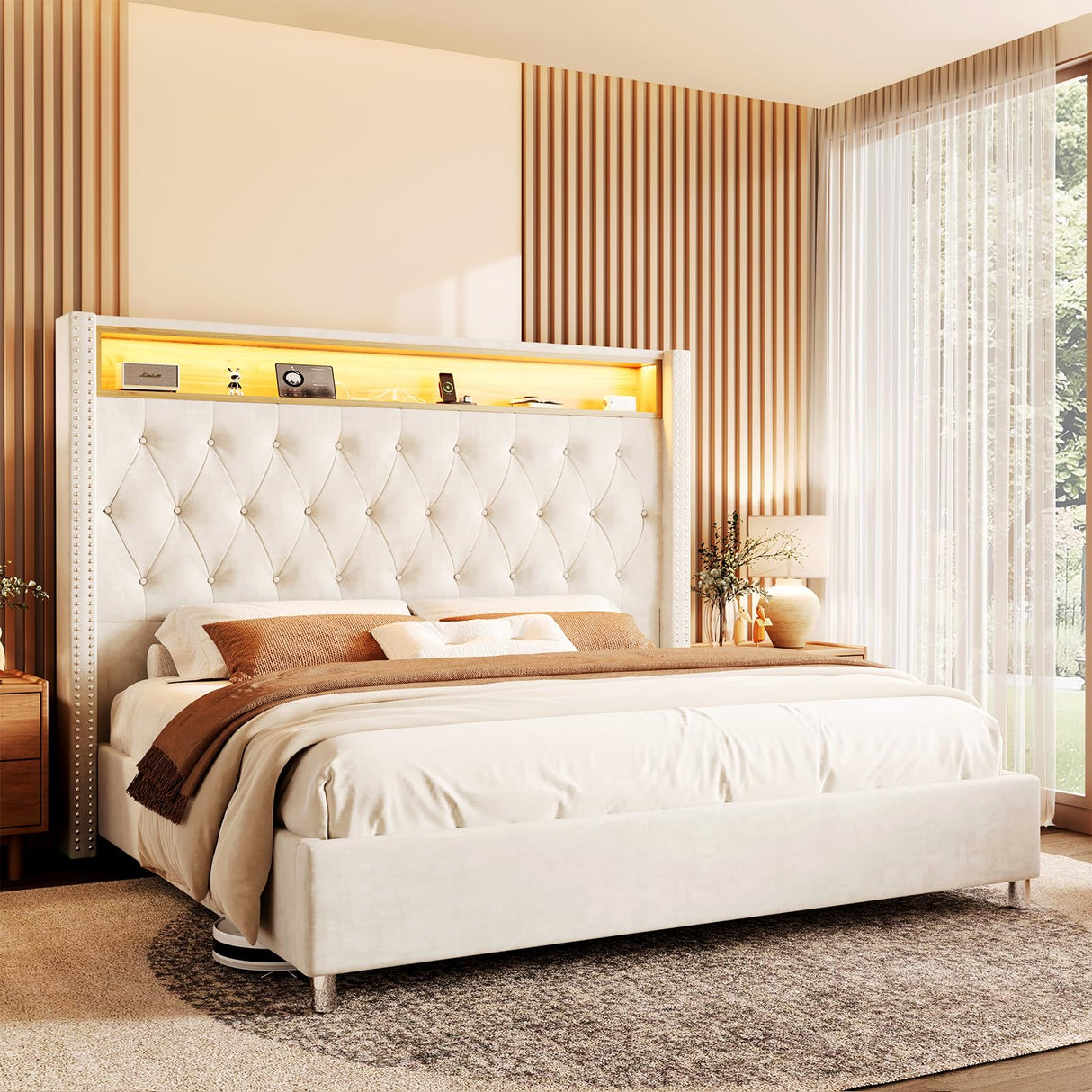 Jocisland King Size Bed Frame 53.6'' Tall Headboard LED Lights and Charging Station, Velvet Hign Upholstered Platform Bed Wingback Storage, No Box Spring Needed, Motion Activated Light, Cream Jocisland