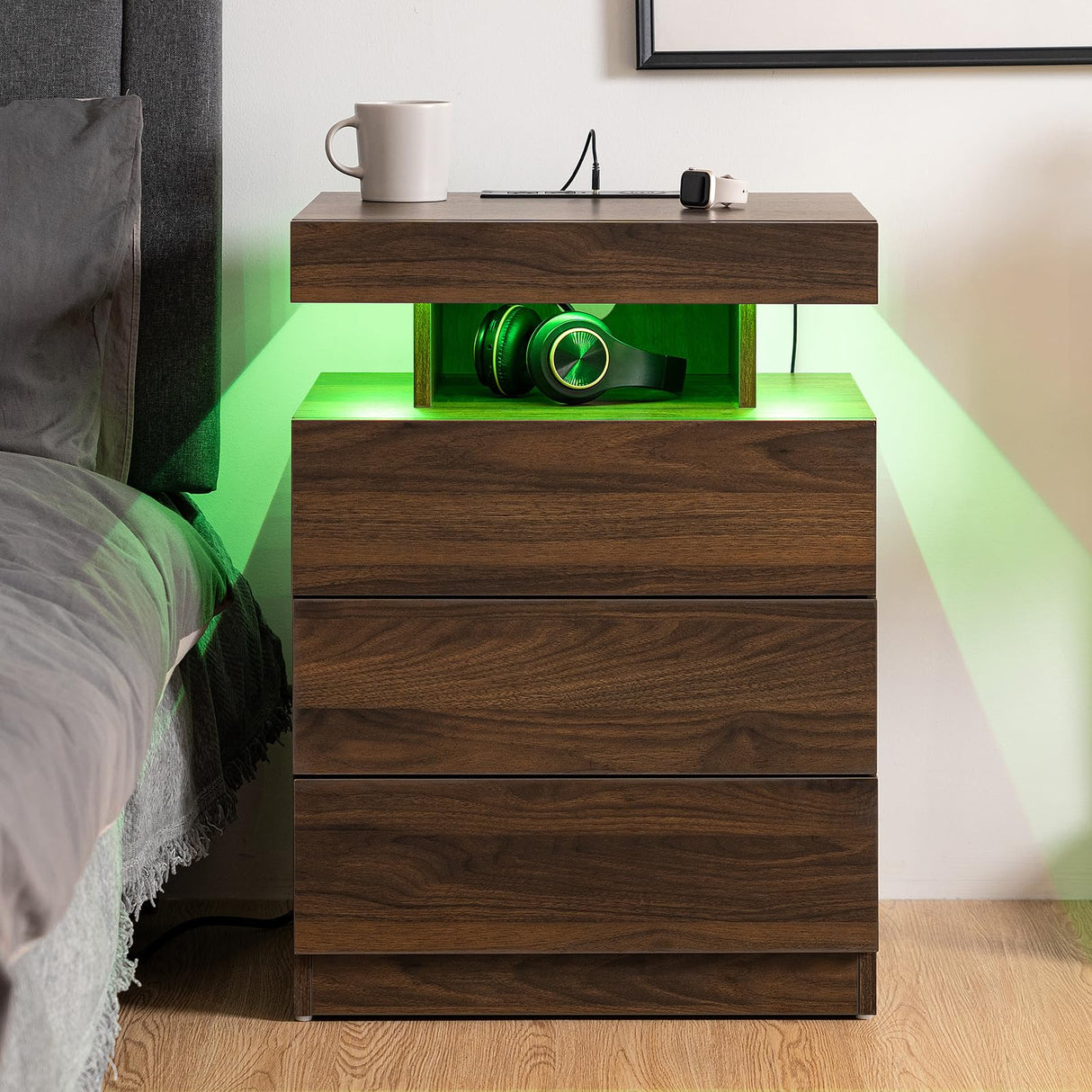 HOMMPA LED Nightstand with Wireless Charging Station & USB Ports, 3 Drawer Night Stand with LED Light RGB Adjustable Brightness, Smart Nightstand High Gloss Bedside Table for Bedroom Walnut HOMMPA