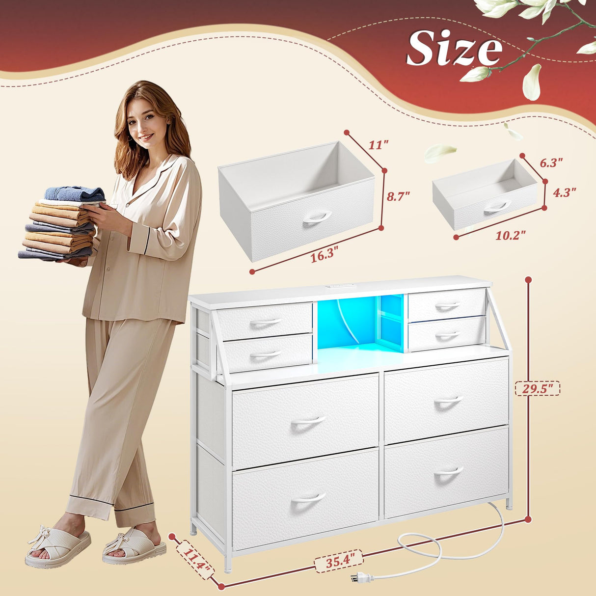 Romorgniz Dresser for Bedroom with Charging Station and LED, Sturdy Chest of Drawers with 8 Drawers and Two Open Shelves for Storage,Bedroom, Living Room,Hallway (White) Romorgniz