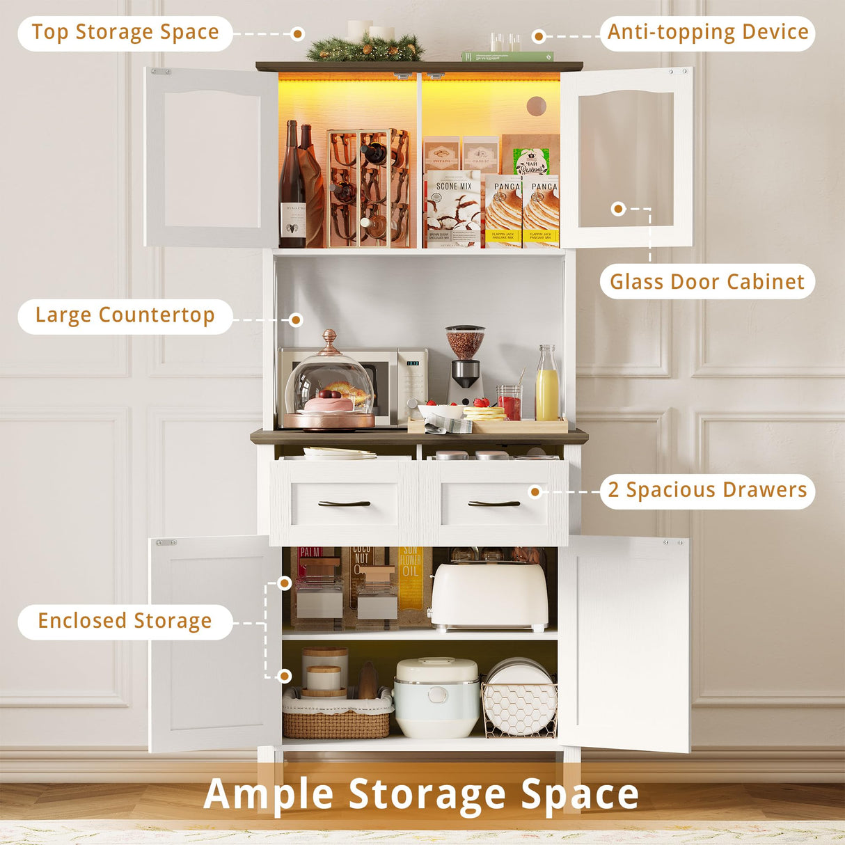 IRONCK 71" Kitchen Pantry Cabinet with LED Lights and Power Outlets, Farmhouse Kitchen Hutch Cabinet with Microwave Stand, Tall Cupboard Kitchen Cabinet with Countertop for Kitchen, White IRONCK