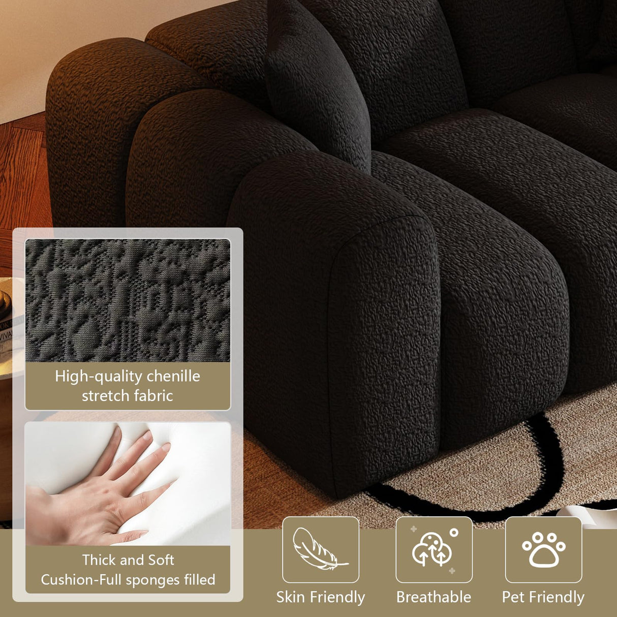 WHGBJA 70" Modern Chenille Fabric Sofa Couch – One-Piece Memory Foam 3-Seater Sofa with Rounded Arms, Soft & Cozy Upholstery for Living Room (Black) WHGBJA