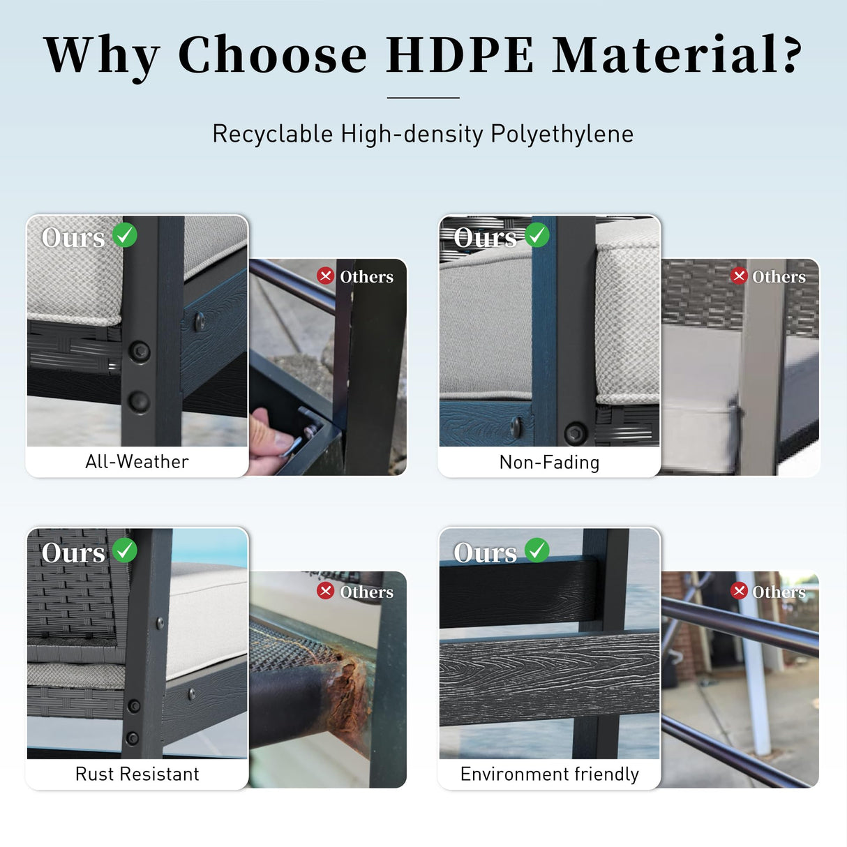 7 Piece HDPE Outdoor Dining Set for 6, 64” All Weather Wood-grain Dining Table, 6 Wicker Rattan Chairs with 3.2” Waterproof Cushion, Patio Table and Chairs Set for Backyard and Deck, Black SUNSHINE VALLEY