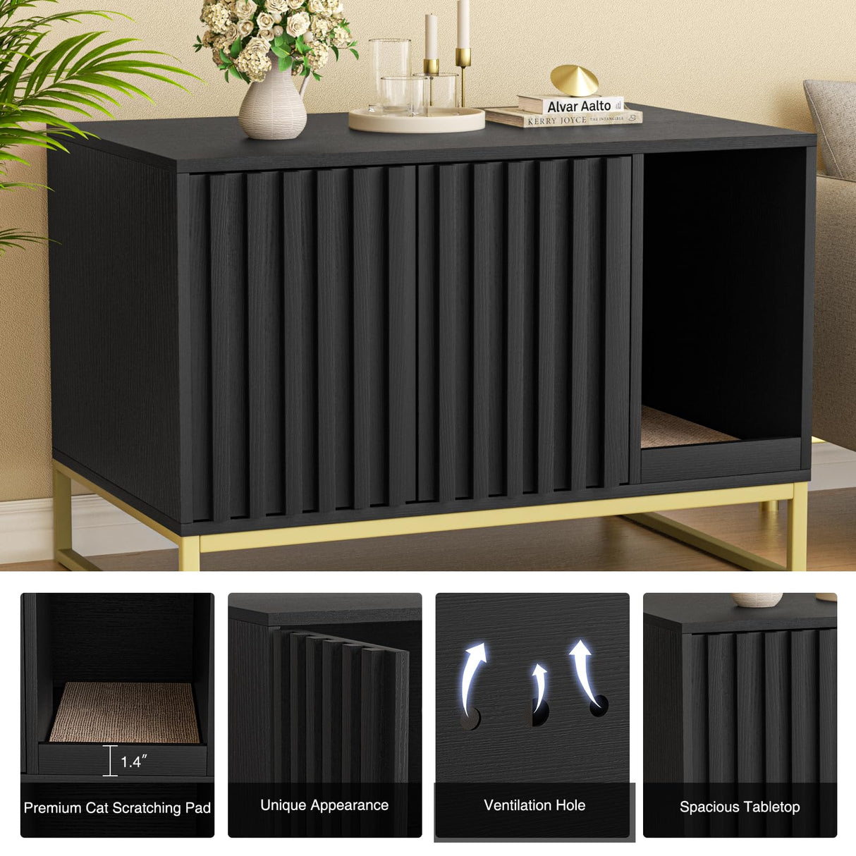 Halitaa Litter Box Enclosure, Modern Cat Litter Box Furniture Hidden Litter Box with Scratch Pad, Cat Washroom House End Table, Entryway Bench for Livingroom (Black) Halitaa