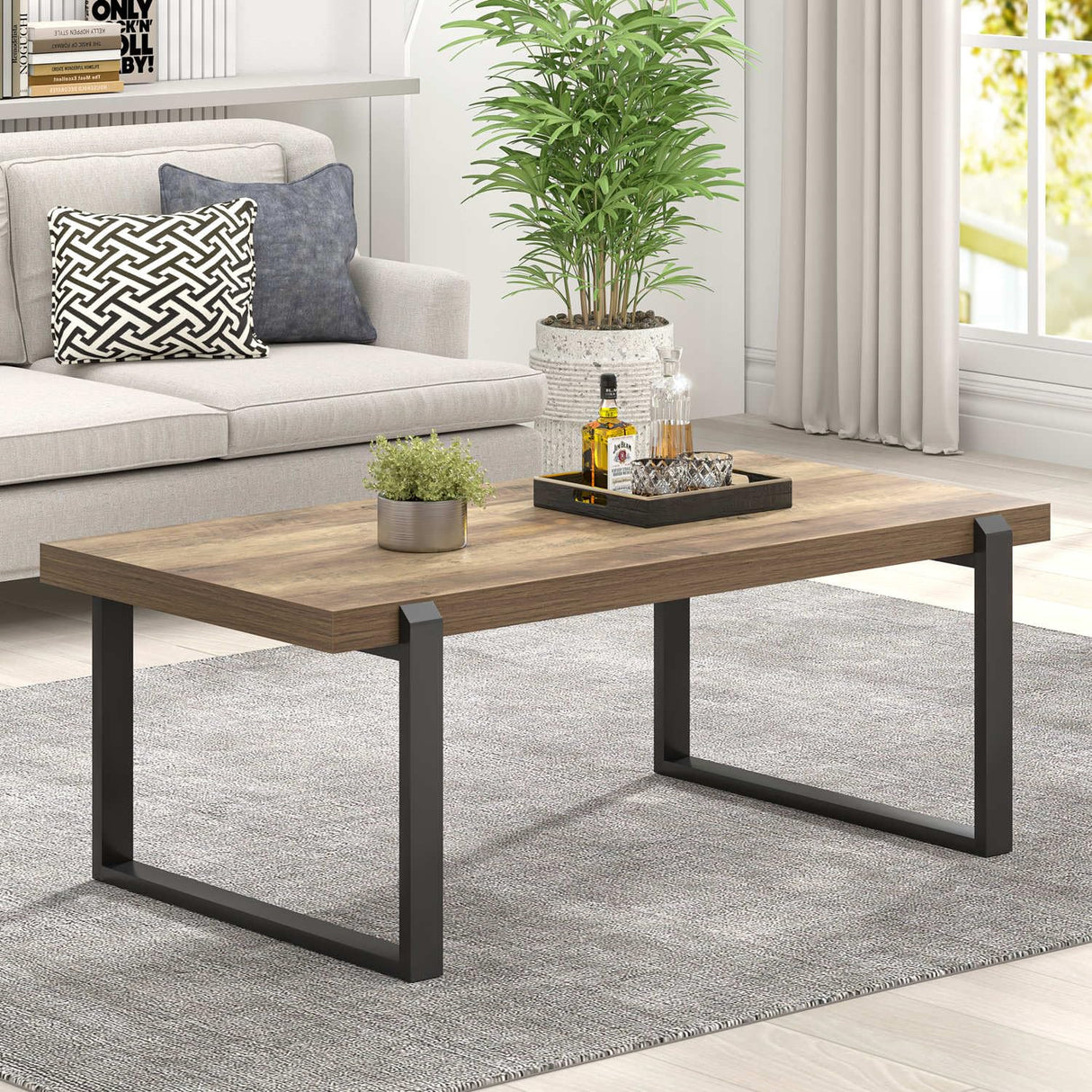 FOLUBAN Coffee Table, Modern Rustic Wood and Metal Center Table, Industrial Cocktail Tea Table for Living Room, Oak, 44 Inch FOLUBAN