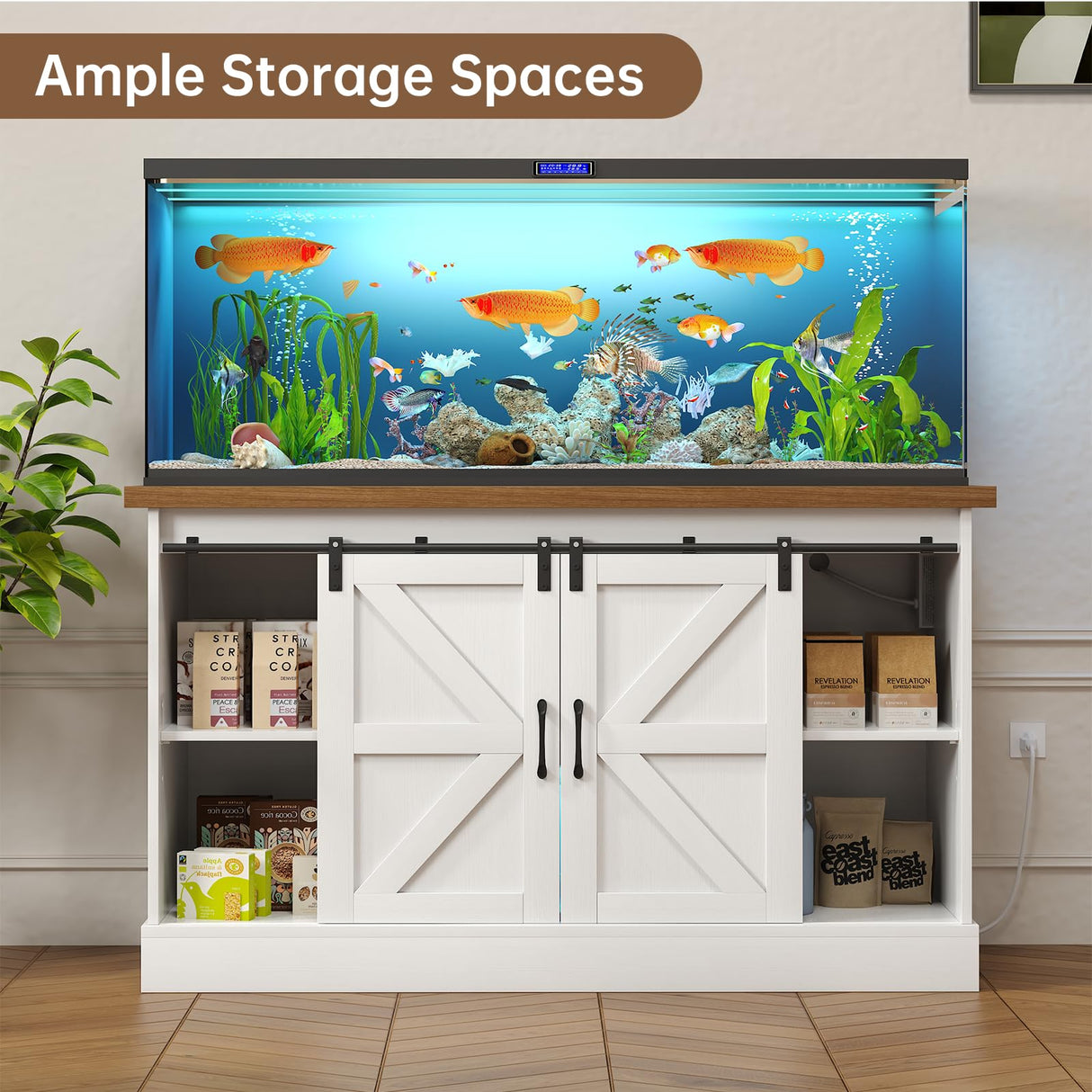 OtterOasis 55-75 Gallon Fish Tank Stand with Sliding Barn Doors & Power Outlet, Heavy Duty Aquarium Stand with Cabinet Storage for Fish Tank, Turtle Tank, Reptile Terrarium, 1000LBS Capacity, White OtterOasis