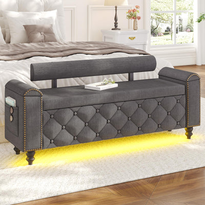 51" Ottoman with Storage, Storage Ottoman Bench with Upholstered Backrest, Tufted Entryway Bench with Curved Arm Support, End of Bed Bench with LED Lights,Storage Bench for Bedroom,Living Room,Grey