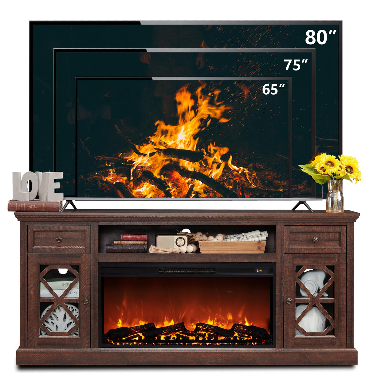 IFGET Farmhouse Fireplace TV Stand with 36" Electric Fireplace for 80 Inch TVs, 31" Tall Entertainment Center w/Drawer & Diamond Panel Door, Highboy Media Console for Living Room, 70inch, Brown IFGET
