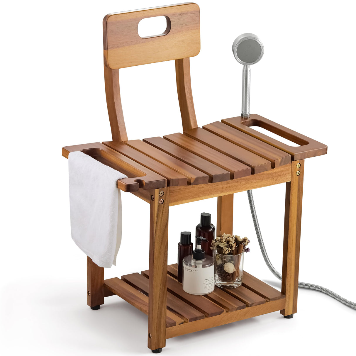 BLUEWEST 23.4'' Shower Chair with Backrest Bath Chair for Inside Shower or Tub, Heavy Duty 450 lbs Support, Non-Slip Feet, Shelf Storage, Built-in Handles for Elderly or Adults (Acacia) BLUEWEST