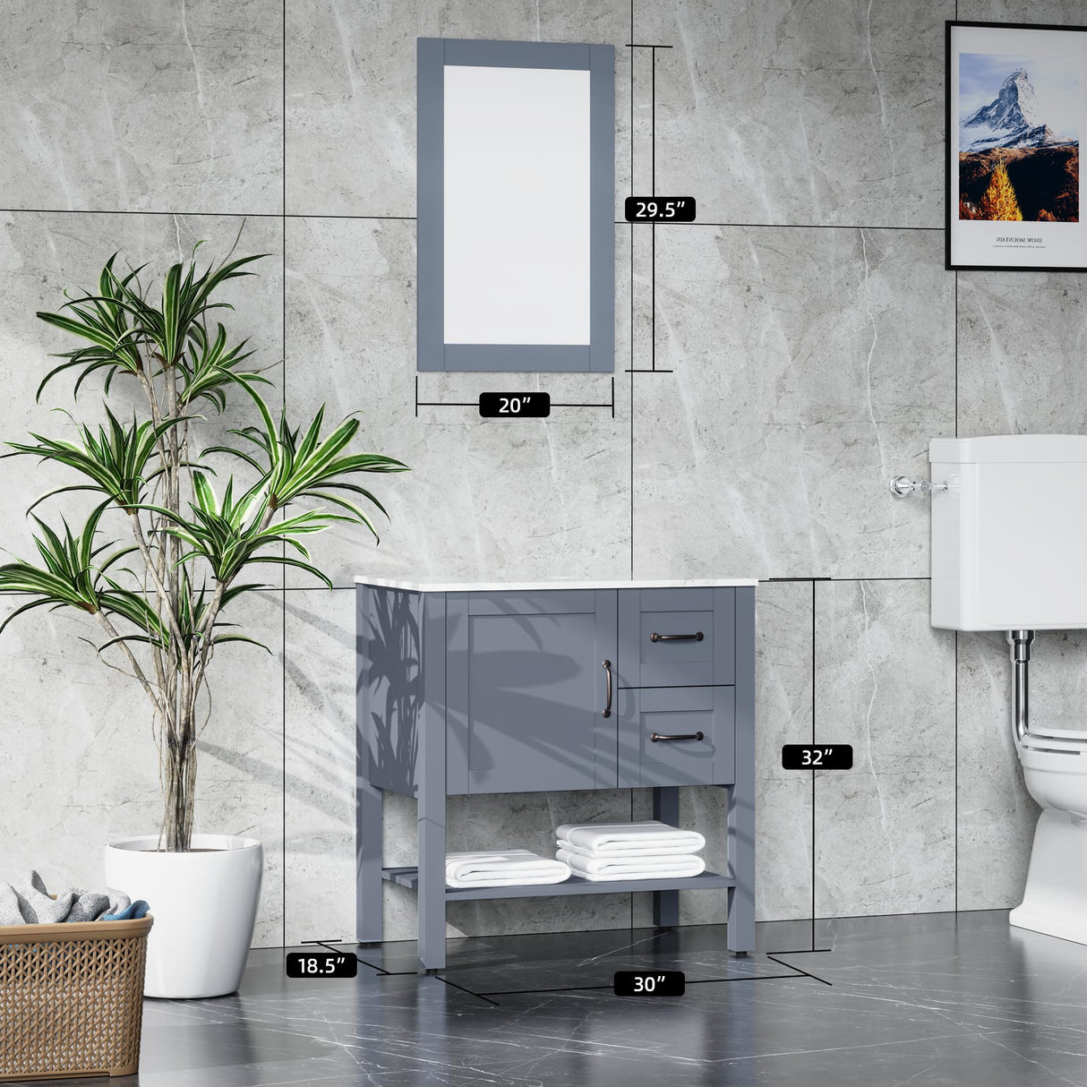 Homecart 30" Bathroom Vanity Cabinet Modern Freestanding Cabinet with Marble Pattern Countertop, Grey, Basin not Included Homecart