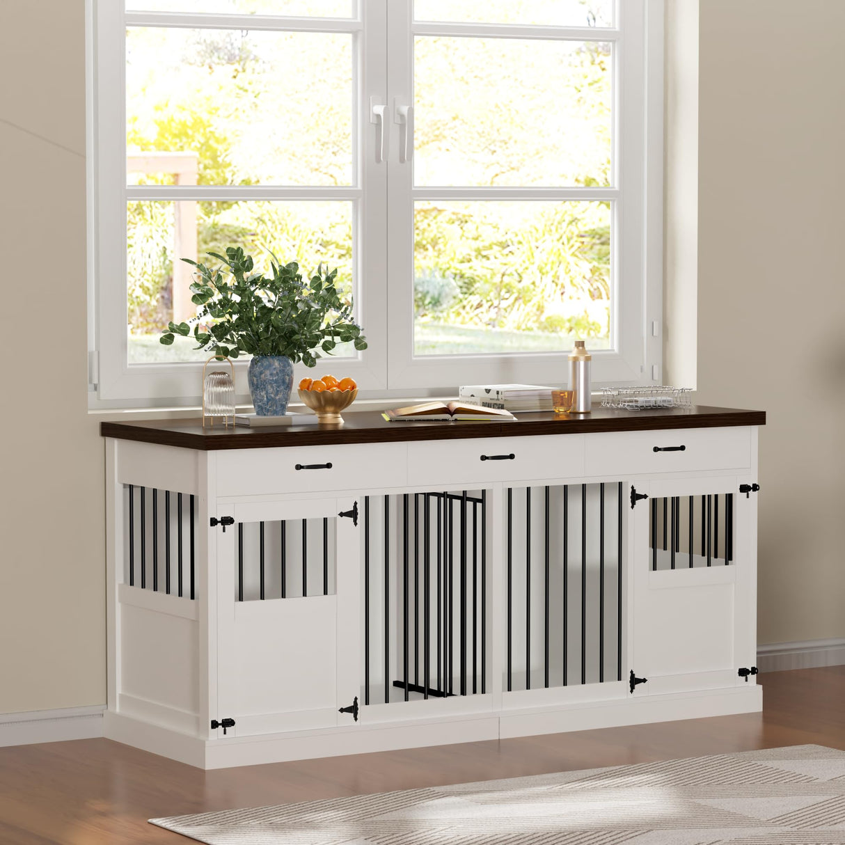 71" Dog Crate Furniture, Large Wood Double Dog Kennel Furniture with 3 Drawers, Crate Furniture Large Breed, Crates for 2 Dogs Furniture - White NBEETISM