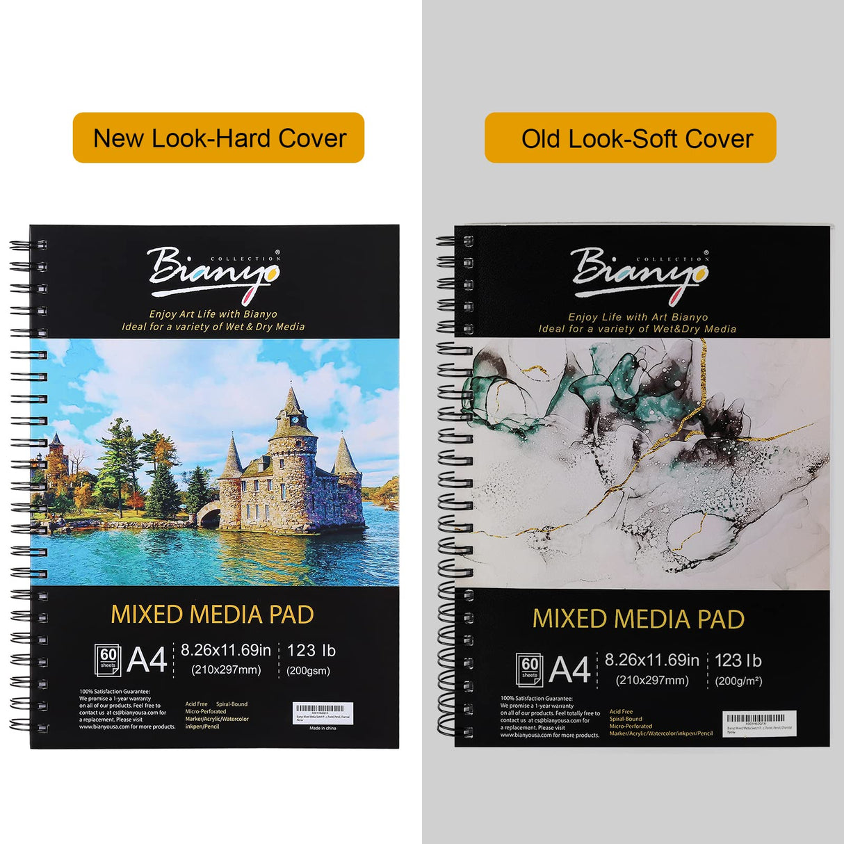 Bianyo Mixed Media Paper Pad, A4 (8.26" X 11.69"), 60 Sheets/Each, 123 LB/200 GSM, Pack of 1 Pad, Spiral-Bound Pad, Ideal for Wet & Dry Media Like Art Marker, Watercolor, Acrylic, Pastel, Pencil Bianyo