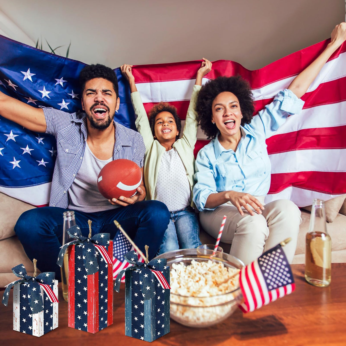 DoubleFill 3 Pcs 4th of July Decor Rustic Wood Presents Firework Patriotic Wooden Faux Blocks with Bowknot Independence Day Centerpiece for Table 4th of July Tiered Tray Decor Farmhouse Decorations DoubleFill