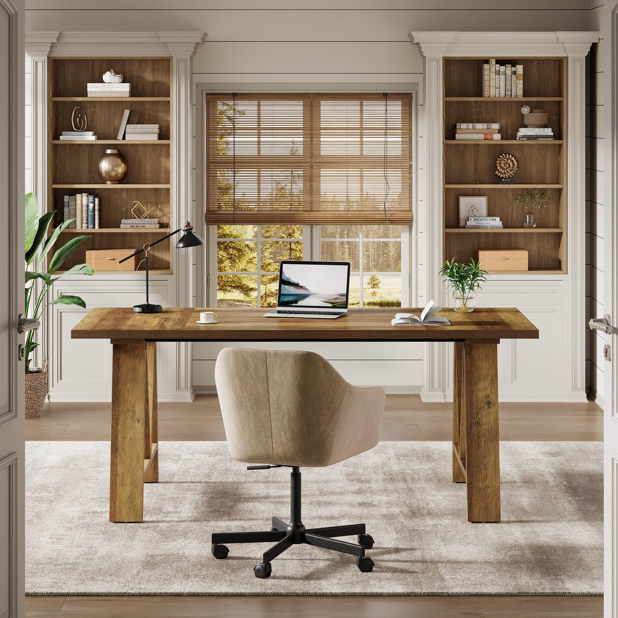 Tribesigns 63" Executive Desk, Farmhouse Wooden Office Computer Desk, Large Workstation Writing Table with Sturdy Legs for Home Office, Brown Tribesigns