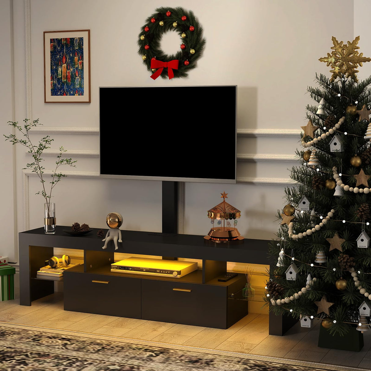 Redkey Modern TV-Stand with Mount - TV Console with 2AC Outlets - Television Stands with RGB Led Light for 70 75 80 Inch TVs - Double Cabinet - Open Glass Shelves - Pure Black Redkey