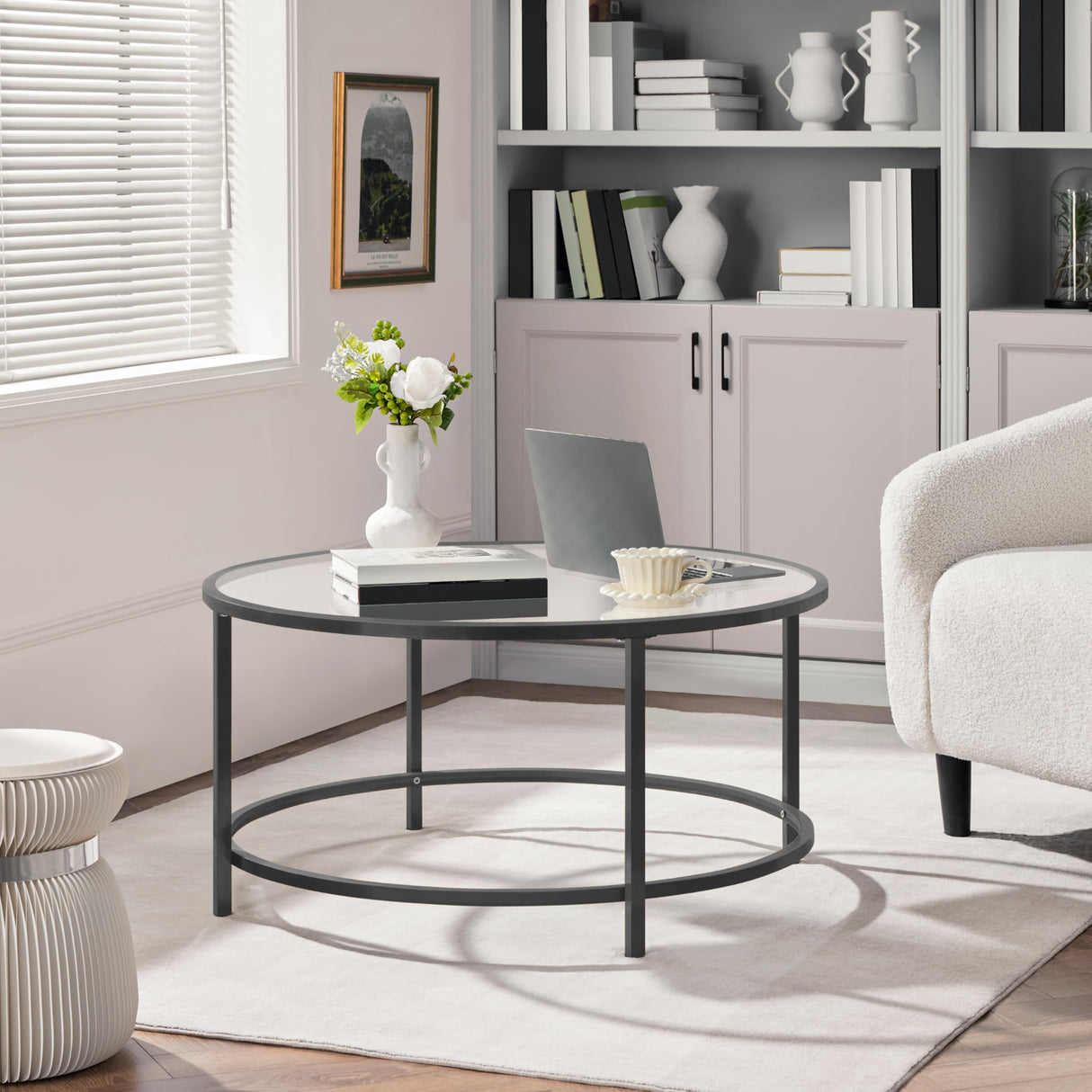 Yaheetech 36" Round Glass Coffee Table, Black Circle Coffee Table Center Table with Glass Top, Small Coffee Table for Living Room, Office & Apartment Yaheetech