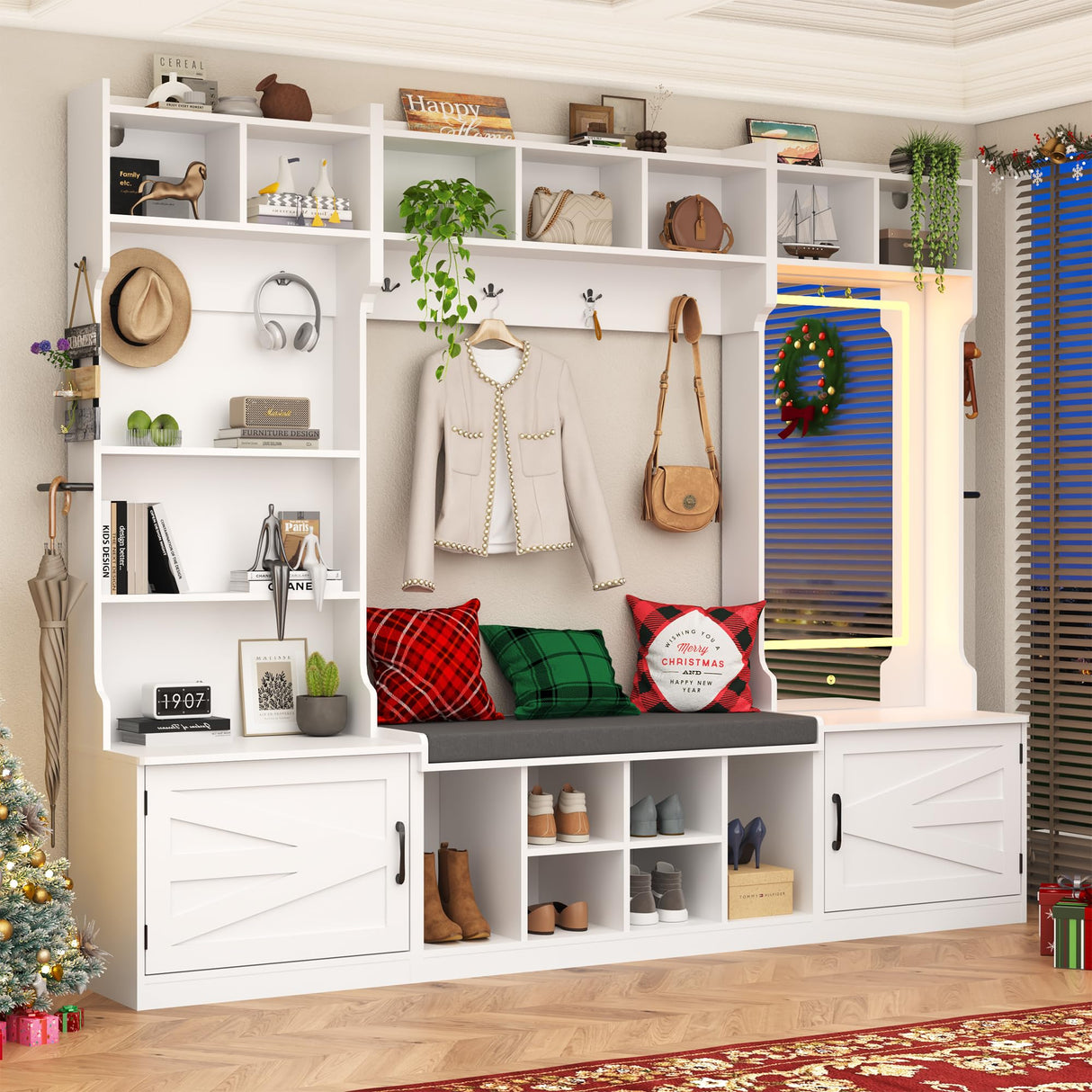 chartustriable 86.6" Wide Extra Large Farmhouse Hall Tree with 3-Color LED Mirror, Entryway Bench with Bench and Shoe Storage, Shoe Shelves,Umbrella Holder, Mudroom Hallway Storage Cabinet chartustriable