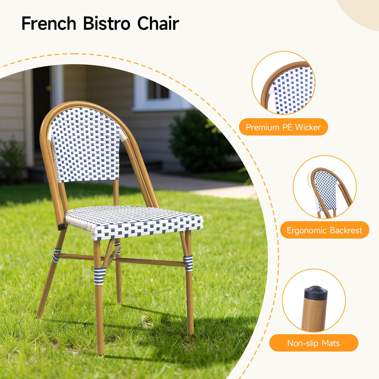 3 Piece French Wicker Bistro Set, Patio Bistro Set with Table and 2 Dining Chairs, All Weather Outdoor Bistro Set with Aluminum Frame, Outdoor Patio Set for Patio Porch Cafes Yard, Navy and White Dovov