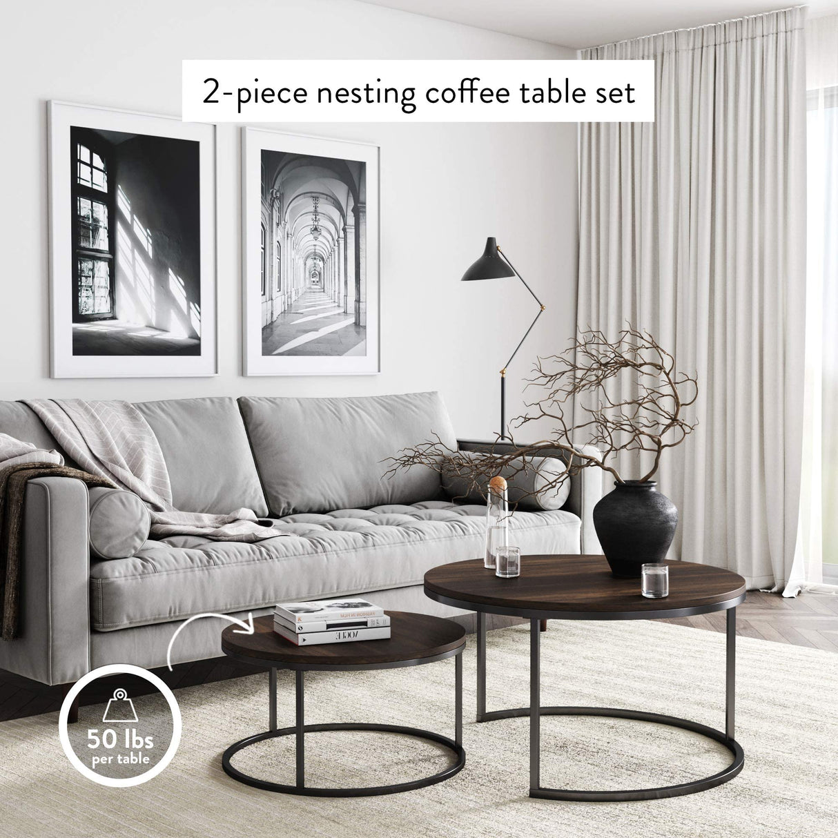 Nathan James Stella Round Modern Nesting Coffee Set of 2, Stacking Living Room Accent Tables with an Industrial Wood Finish and Powder Coated Metal Frame, Warm Nutmeg/Matte Black Nathan James