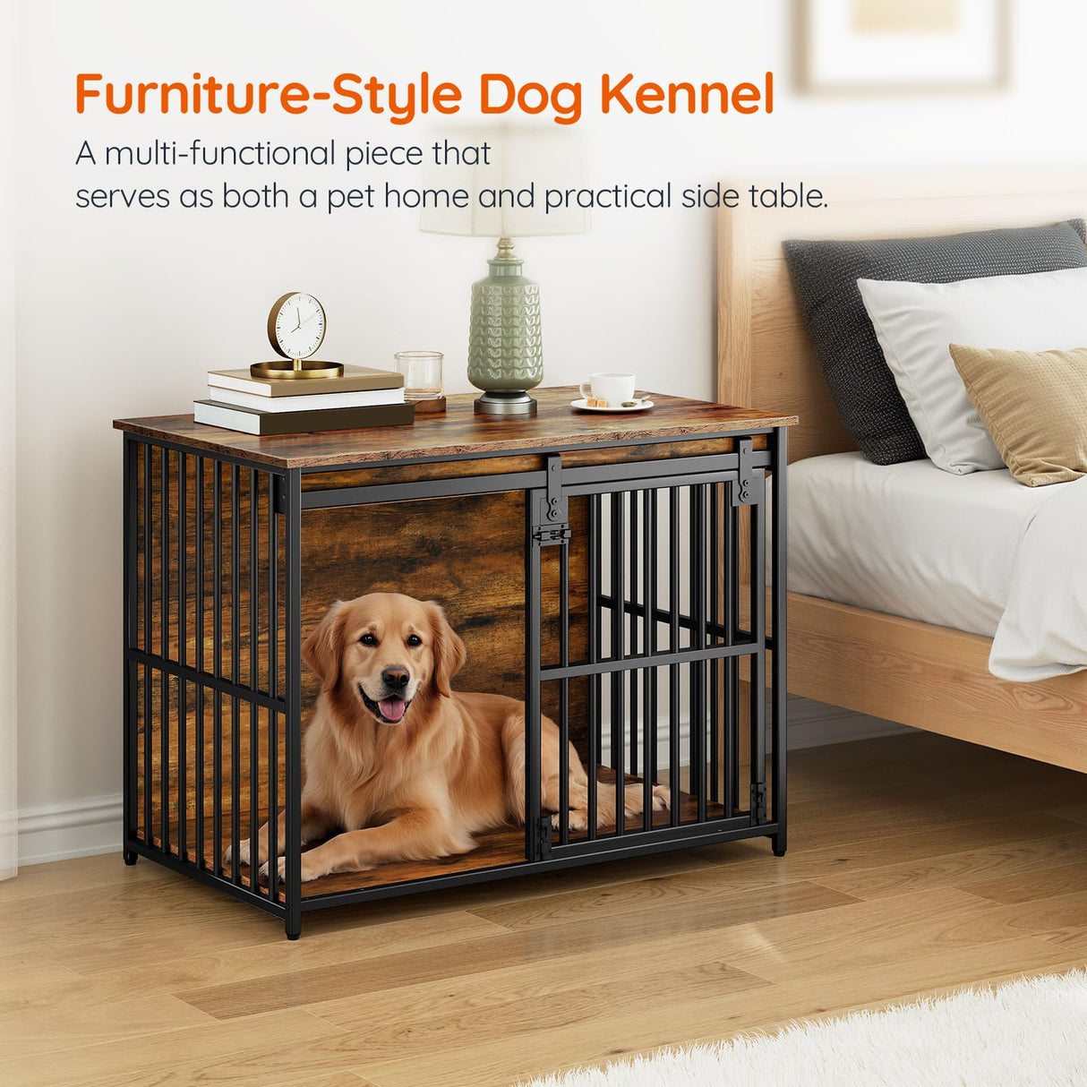 HOOBRO Dog Crate Furniture, 36.6" Heavy Duty Dog Kennel with Sliding Barn Door, Wooden Dog Cage Indoor, Decorative Side End Table for Small/Medium Dogs, Rustic Brown and Black FG162GW03G1 HOOBRO