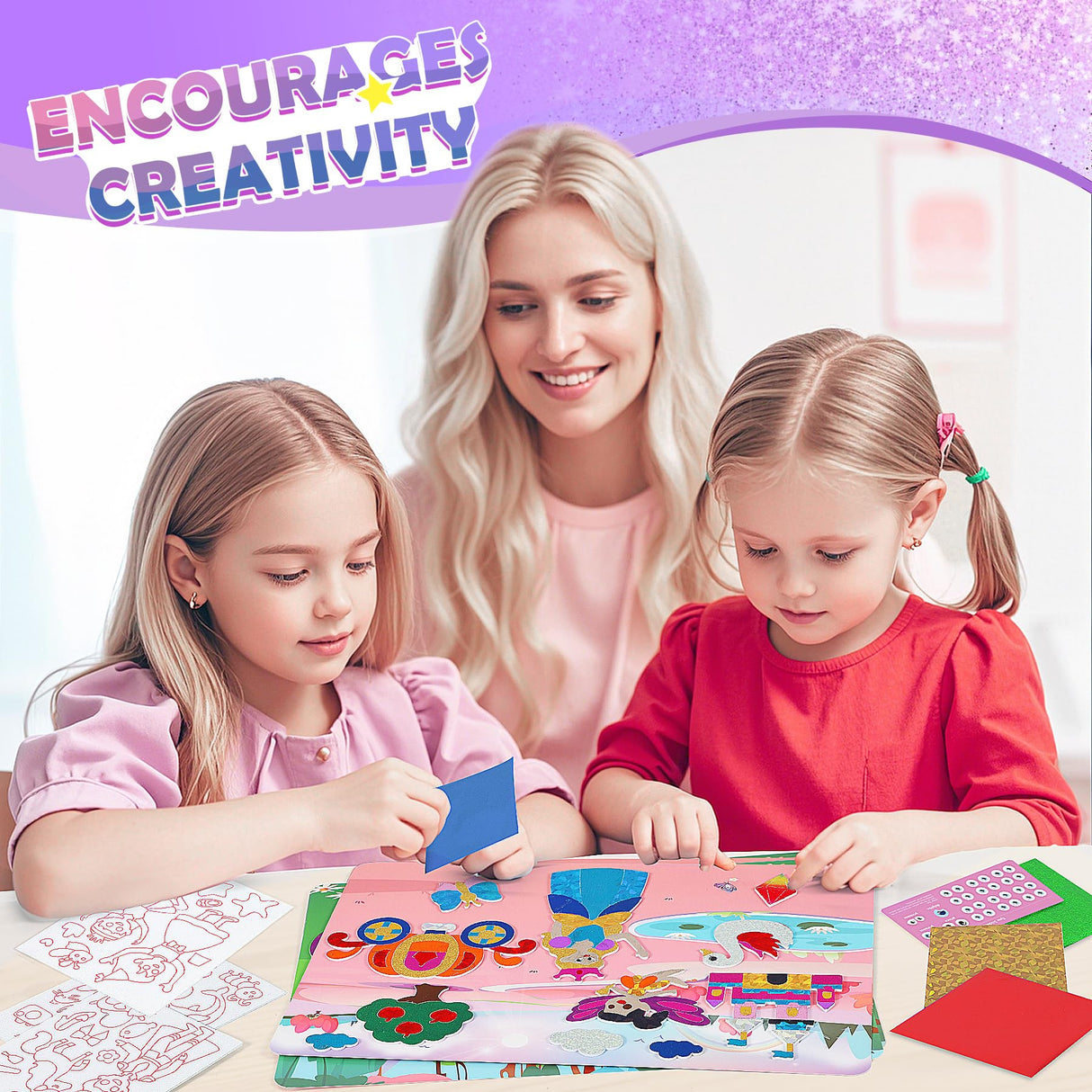 Arts and Crafts for Kids Ages 4-8, Art Craft Supplies Kits, DIY Creative Travel Toys Activity, Princess & Prince & Castle & Girl, Coloring Sticker Books, Easter Basket Stuffers, Gifts for Girls URMYWO