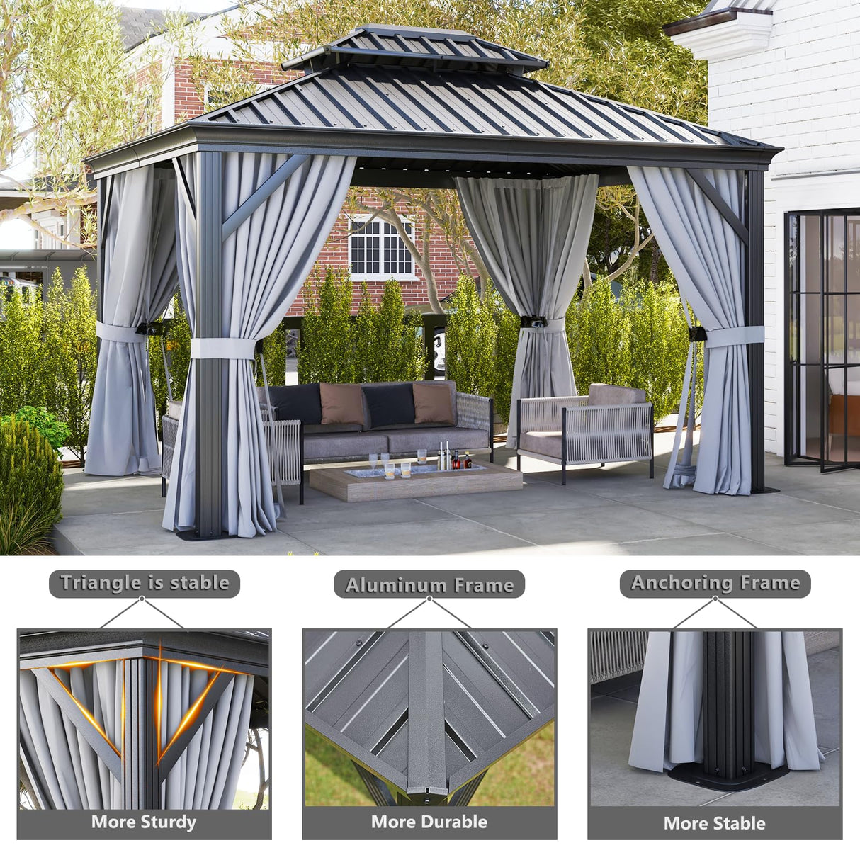Aoxun 10' x 12' Hardtop Gazebo, Galvanized Steel Dual-Layer Roof, Permanent Aluminum Gazebo, Outdoor Metal Pergolas with Curtains and Netting, for Lawns, Parties, Gardens, Decks, Patios Aoxun