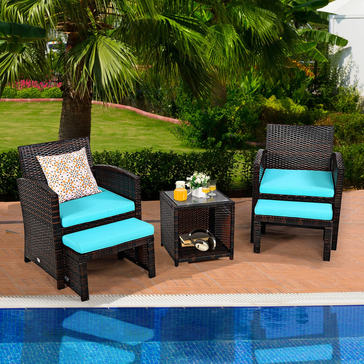Tangkula 5 Pieces Patio Rattan Furniture Set, Outdoor Conversation Set with Cushioned Chair & Ottoman & Tempered Glass Coffee Table, Patio Sofa Sets for Garden, Backyard, Poolside (Turquoise) Tangkula