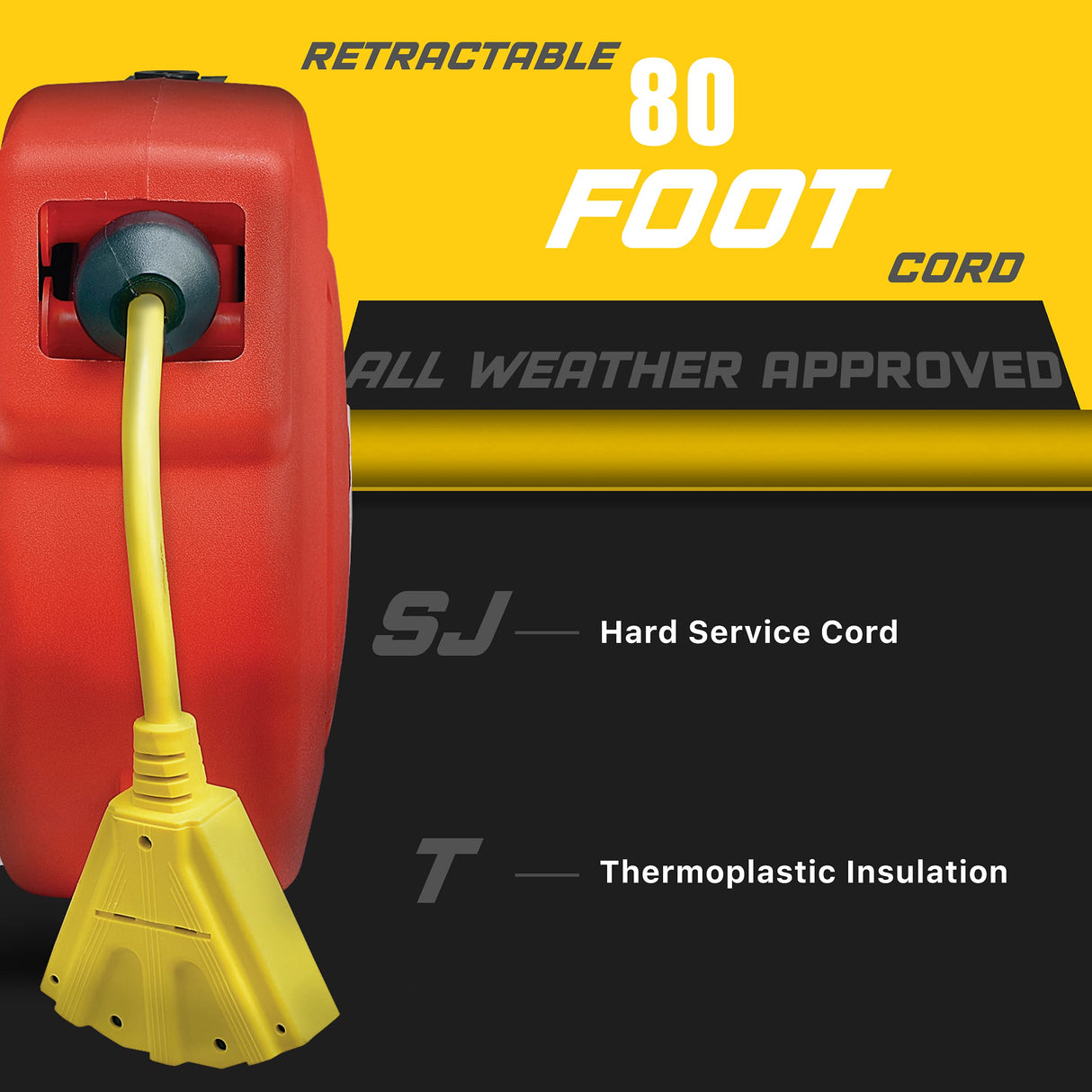 ReelWorks Retractable Extension Cord Reel Polypropylene 12AWG x 40' Foot Industrial Commercial Grade 3C SJT Cable Triple Tap Connector 15A 125VAC 1875W 60Hz Current Interrupter Best for Indoor Use ReelWorks