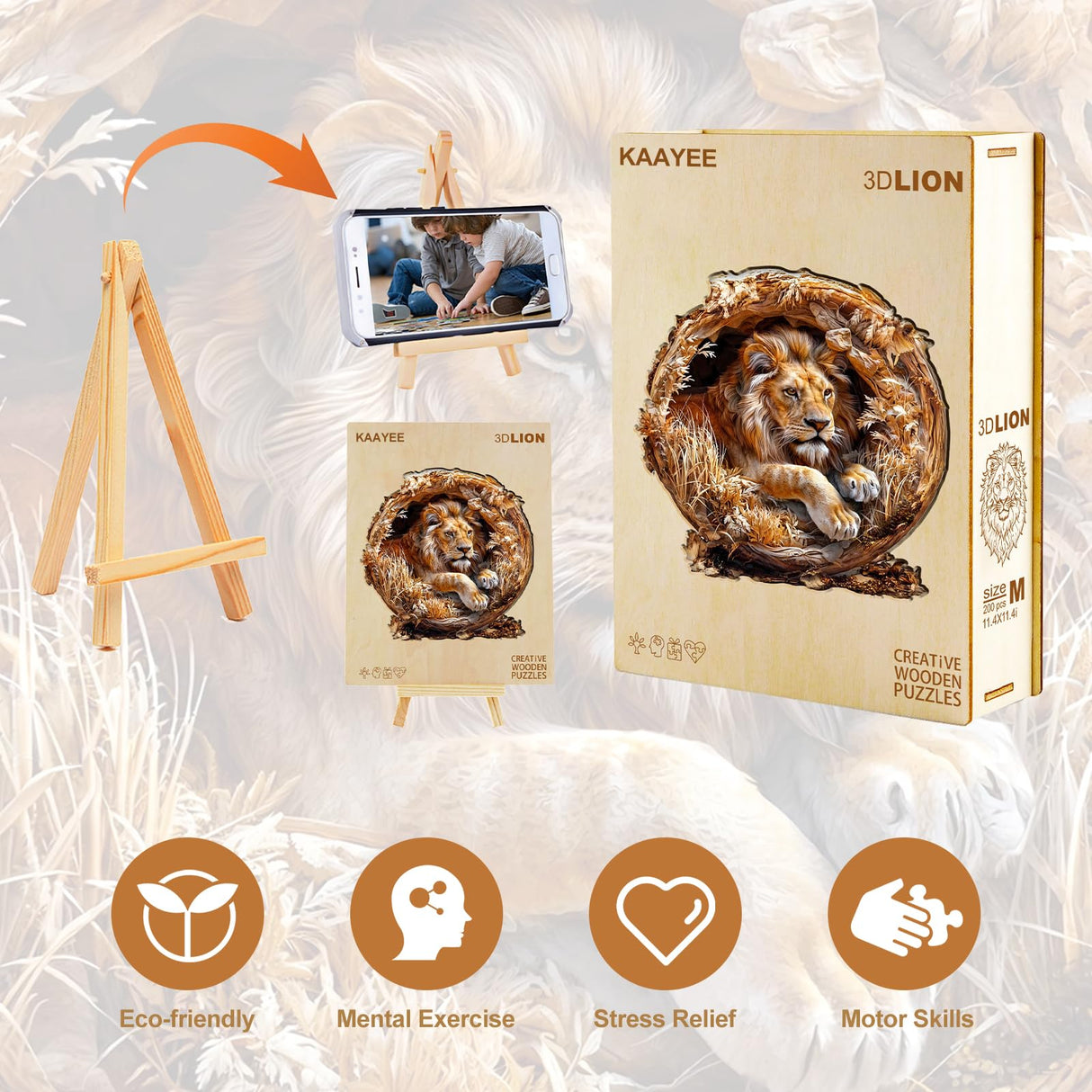 KAAYEE Wooden Puzzles for Adults, 3D Vision Effect Lion King Wooden Jigsaw Puzzles 100 PCS Unique Shape Advanced Wood Puzzle Adult, 3D Effect Flat Puzzle Birthday Gifts Family Game (S-8.5 * 8.5 in) KAAYEE