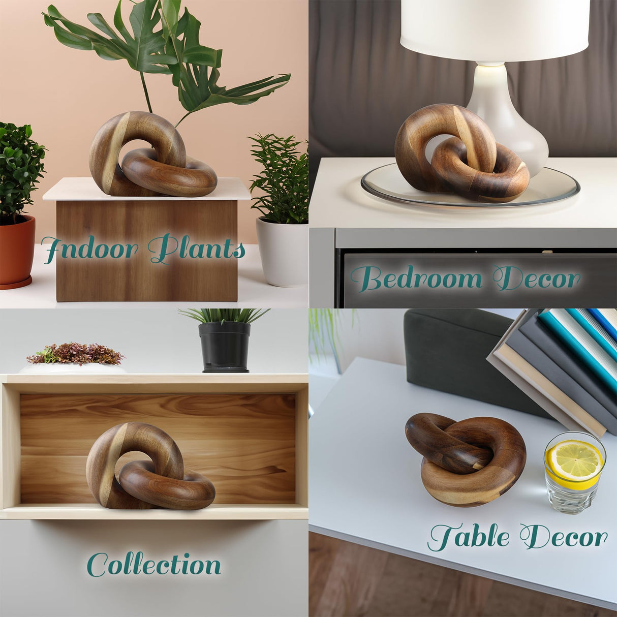 VETELK 2 Link Wood Chain Link Decor Wood Knot Decor for Coffee Table, Living Room, Bookshelf - Hand Carved Farmhouse Decorative Fusion Knots - Boho Acacia Knot Sculpture for Scandirustic Home Accents VETELK