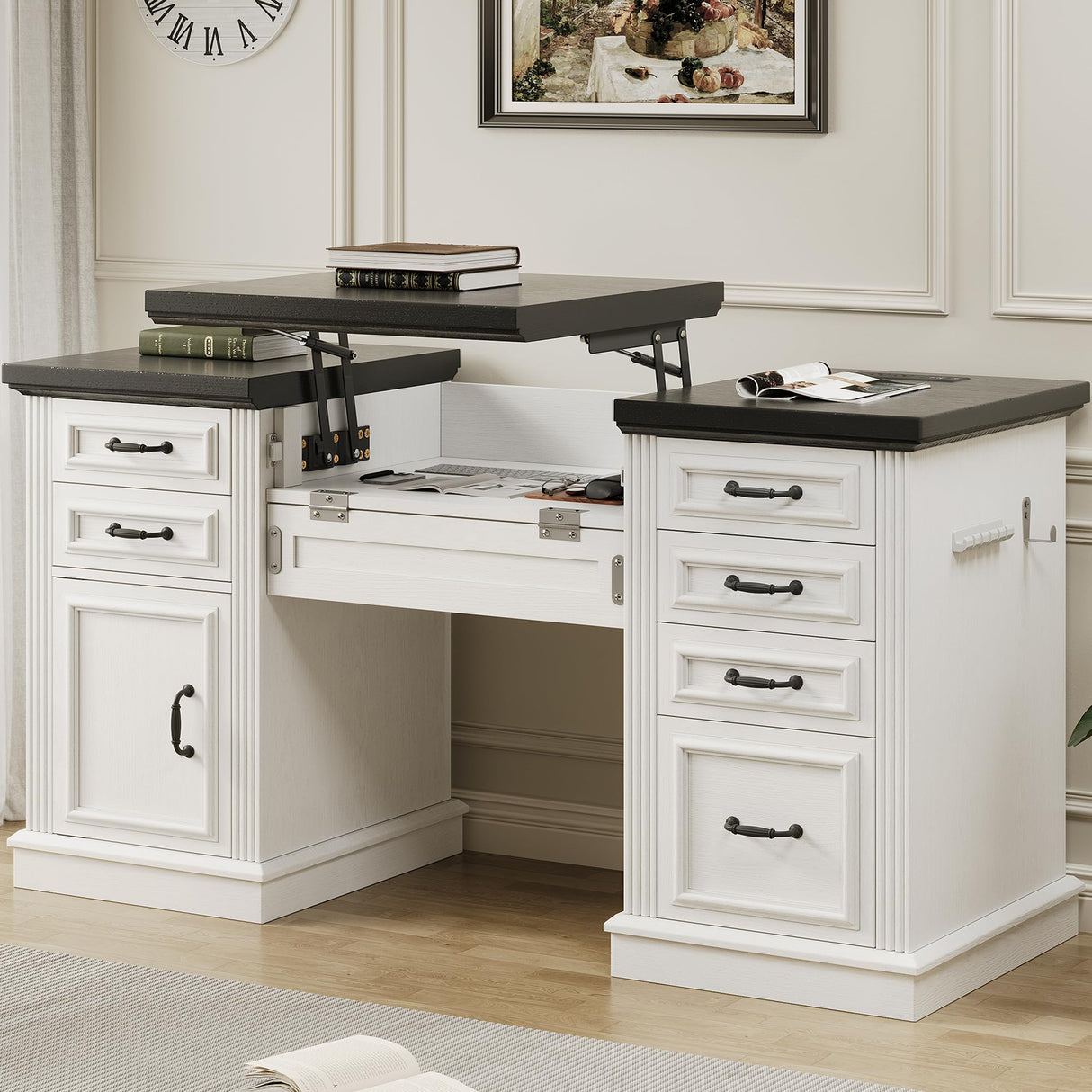 Farmhouse 57" Lift Desktop Executive Desk with 6 Drawers and Charging Station, Wood Home Office Computer Desk with File Cabinet Storage, Keyboard Tray,Headphone hook for Work,Study, Antique White Jocoevol