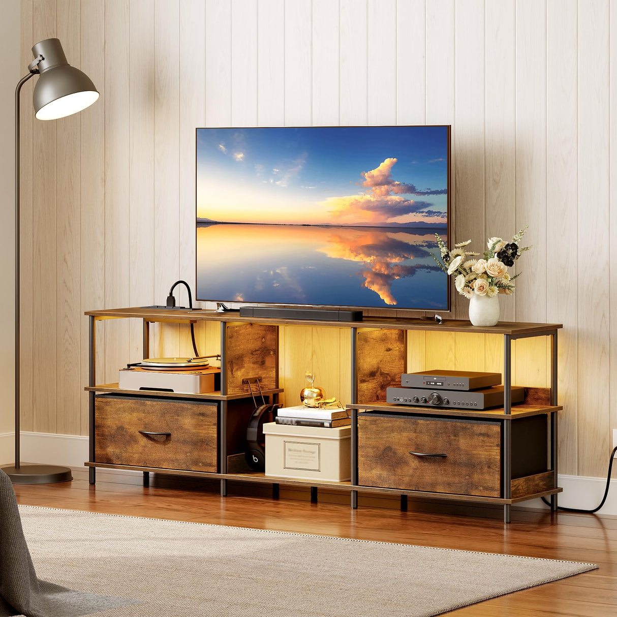 MAHANCRIS LED TV Stand with Charging Station and 2 Fabric Drawers, Entertainment Center for TVs up to 65", TV Console Table with Open Storage Shelf, for Living Room, Rustic Brown TVHR135E01 MAHANCRIS