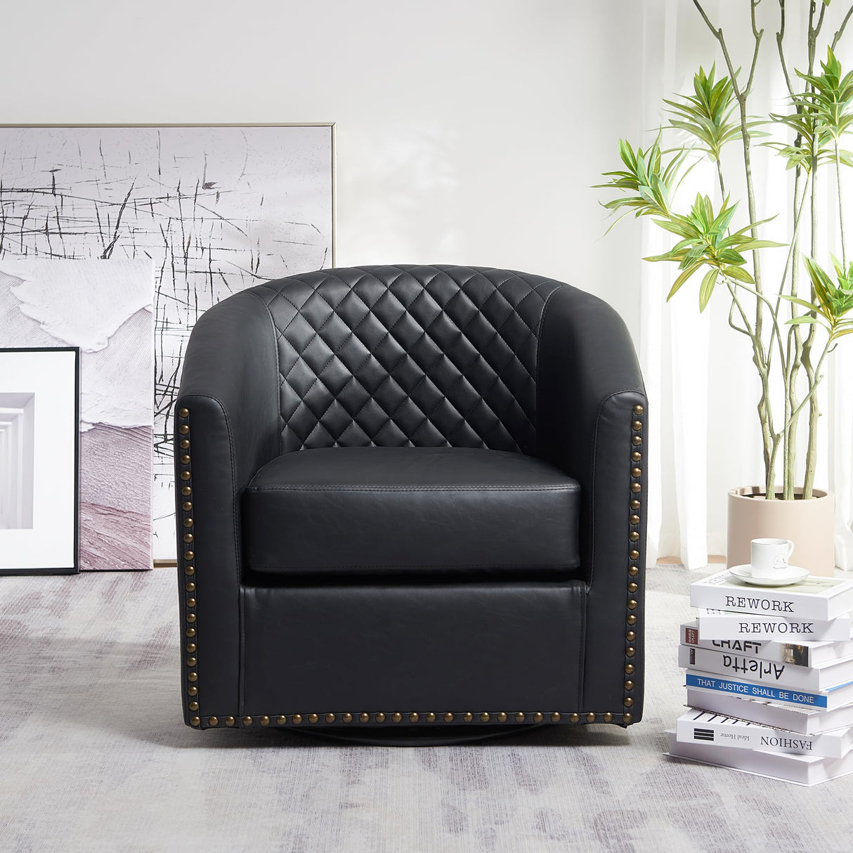 KINWELL 29" Wide Tufted Faux Leather Swivel Barrel Chair, PU Leather Modern Upholstered Accent Chairs with Nailhead Trim, Small Armchair for Living Room Bedroom, Black KINWELL