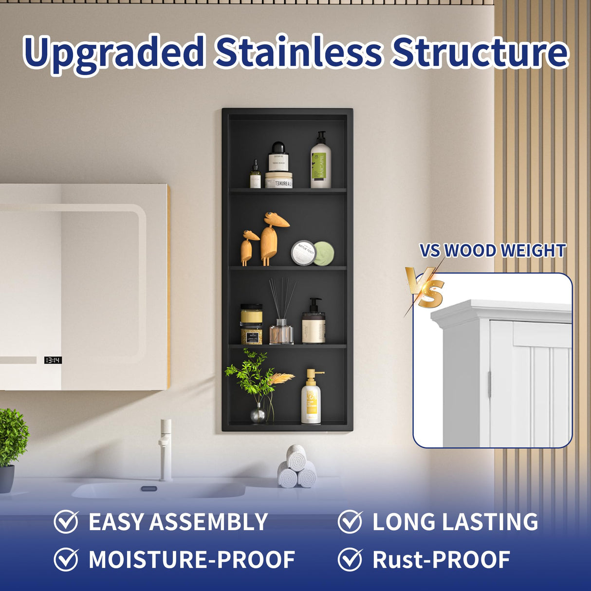 Bernkot Stainless Shower Niche 14"x 36" Matte Black with 4-Tier Shelves No Tile Needed Niche Shower for Bathroom Wall Storage Recessed Medicine Cabinet Bernkot