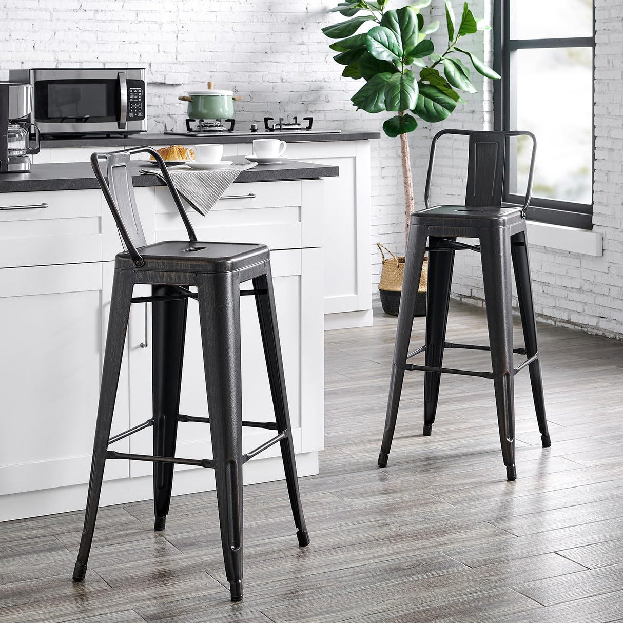 AC Pacific 30” Metal Barstool Set of 2 – Country Rustic Style with Low Back, Lightweight & Sturdy Build, Easy Assembly – Distressed Black AC Pacific