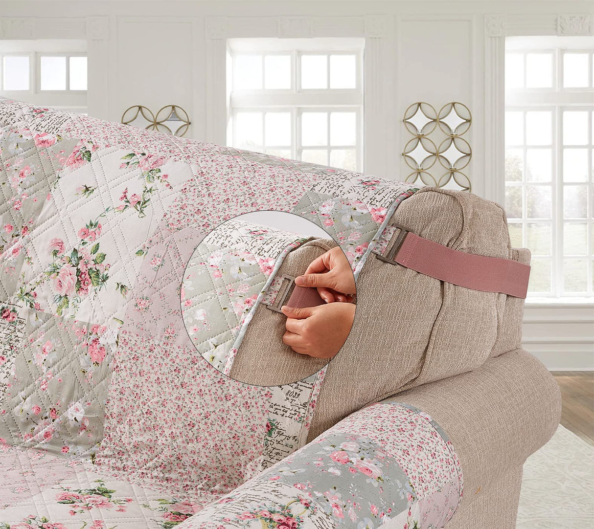 Brilliant Sunshine Traditional Rose and Sage Patchwork Quilted Recliner Slipcover, 26" Seat Width, Slip Resistant Furniture Protector, 2" Strap, Washable Reclining Chair Cover for Dogs, Cats,Rose Sage Brilliant Sunshine