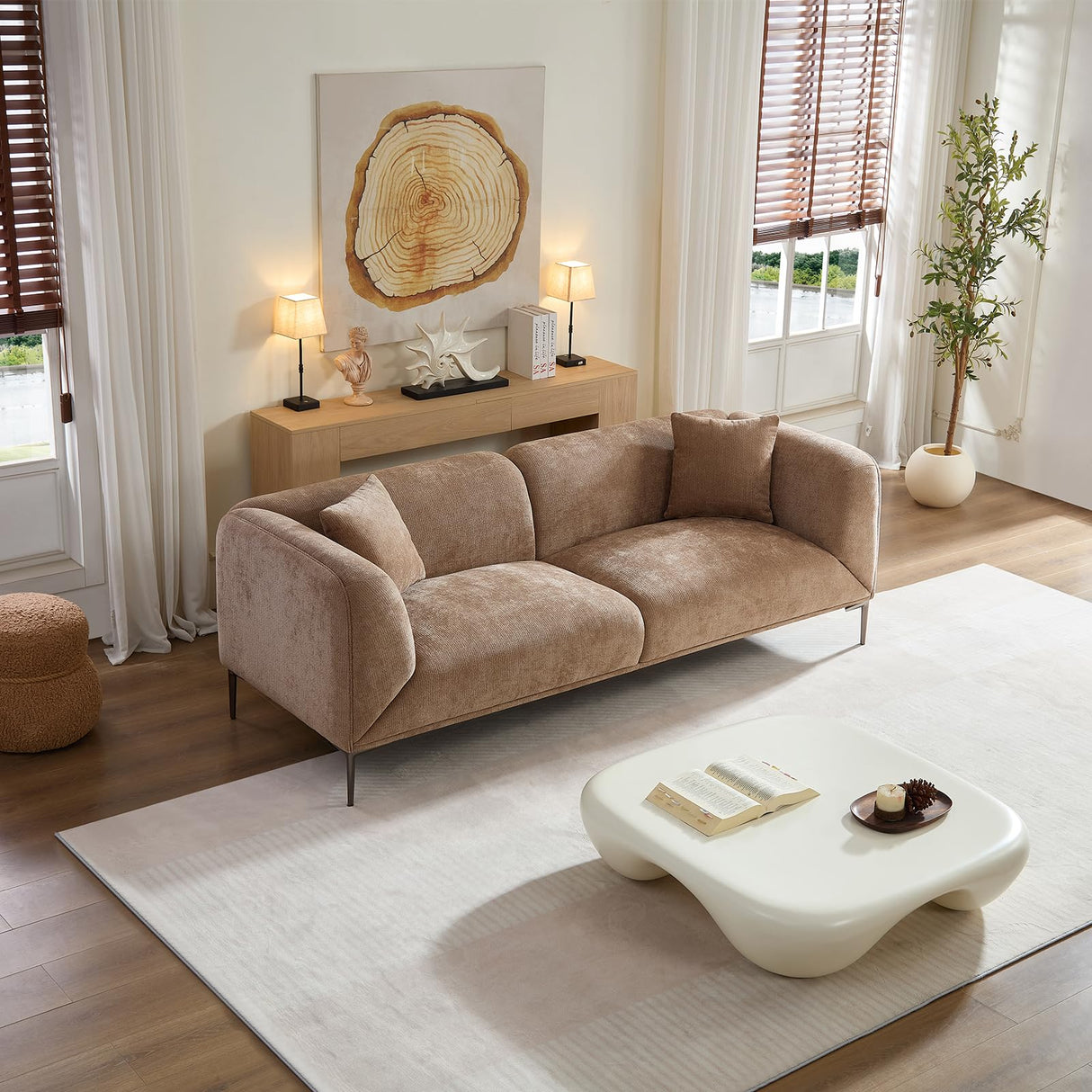 YOPENG 82" Modern Sofa 3-Seater Upholstered Couch with Metal Legs, Luxury Comfy Tuxedo Sofas, Soft Boucle Loveseat Minimalist Curved Couches for Living Room Bedroom Home Office Apartment, Camel YOPENG